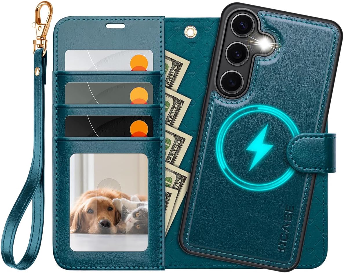 Detalle de OCASE 2in1 Hülle für Samsung Galaxy S25 – Magnete, Kartenfach und RFID-Schutz in Lederoptik (Peacock Blue)