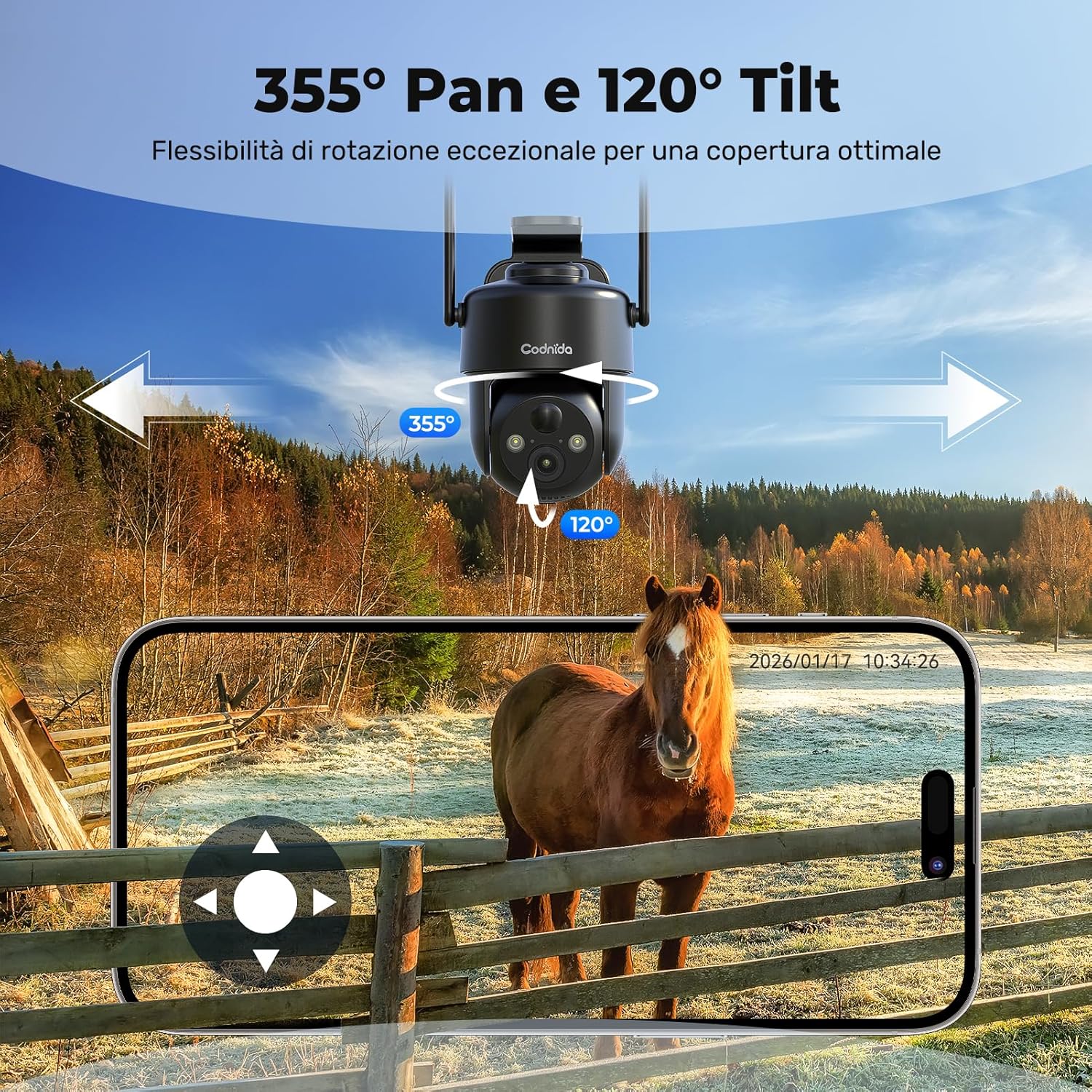Thumbnail 6 de Codnida 4G Telecamera Esterno con Pannello Solare – 2K, PTZ 355°, Audio Bidirezionale e Visione Notturna a Colori