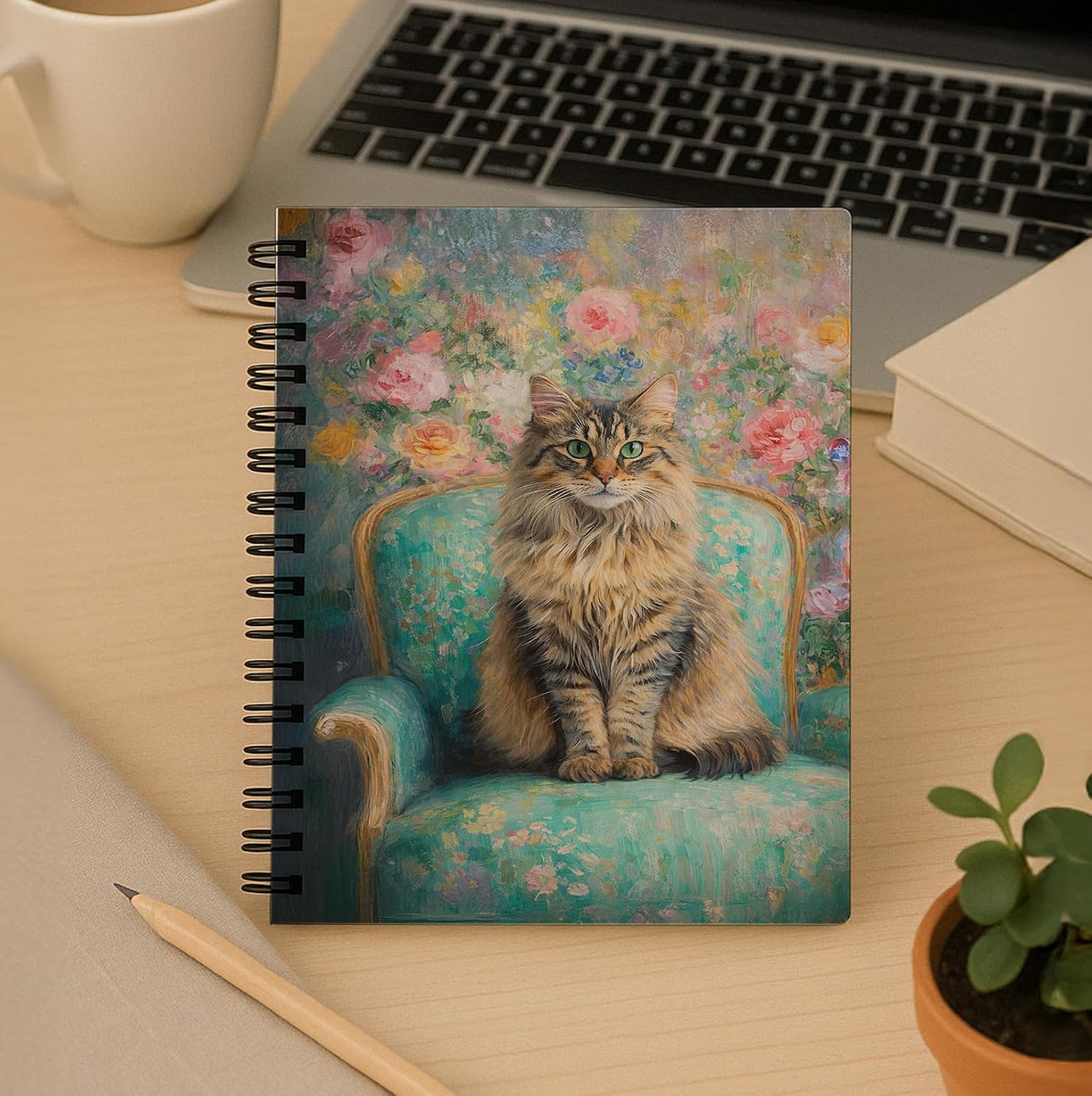 Detalle de bitCNY 708 Spiral Notebook, 8.3 x 5.5 Inches, Lined Pages, Floral Cat Cover