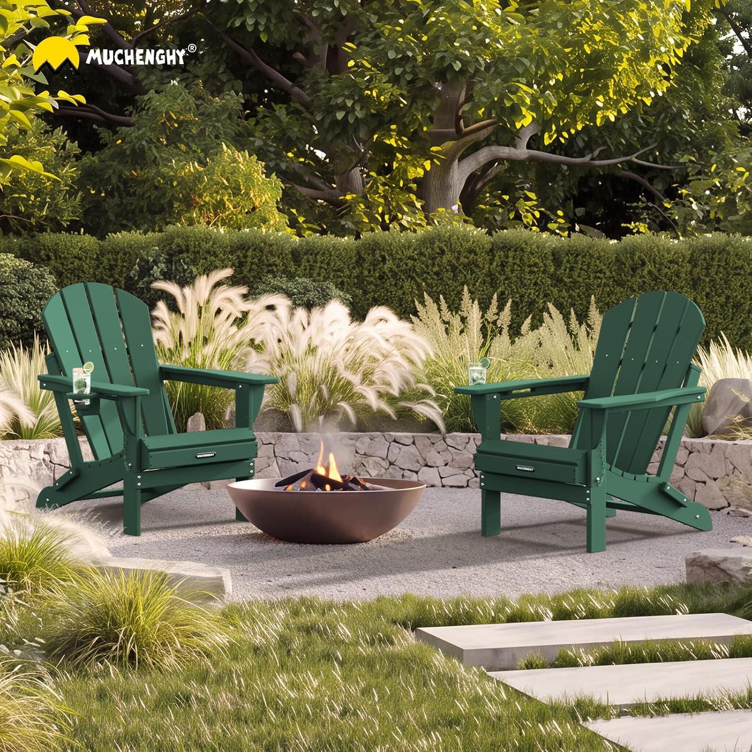 Detalle 2 de MUCHENGHY Folding Adirondack Chair Set of 2, Green HDPE Patio Chairs with Cup Holders