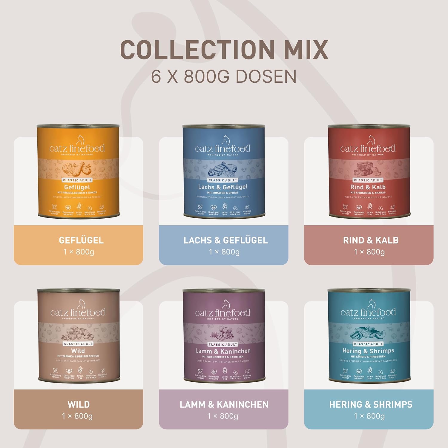 Detalle de catz finefood Classic Collection – mokra karma dla kotów, 6 smaków, 6 × 800 g