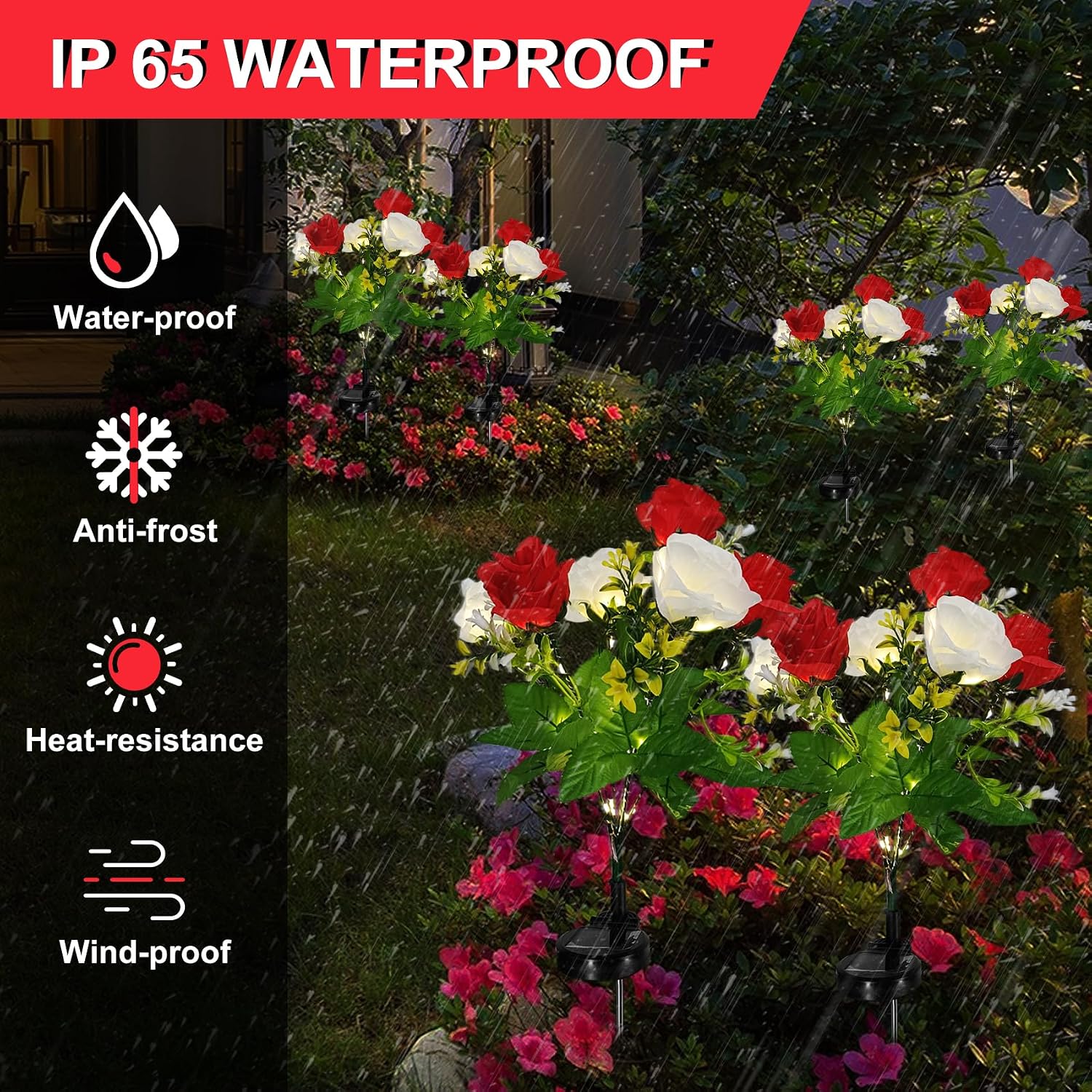 Detalle 2 de 2 Pack Rose Solar Flower Outdoor Lights for Garden — IP65 Waterproof, Rose Petal Design (Red)