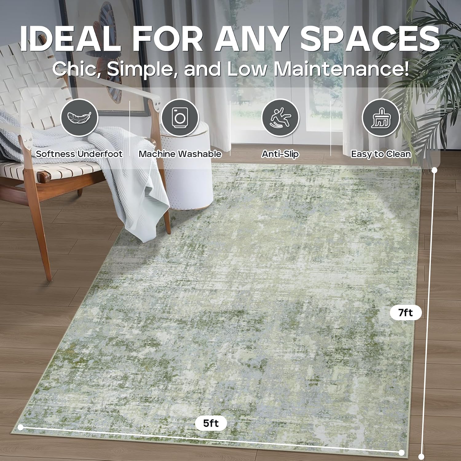 Detalle 2 de Aelenmu 5' x 7' Green Area Rug, Washable Low-Pile Polyester with Non-Slip Backing