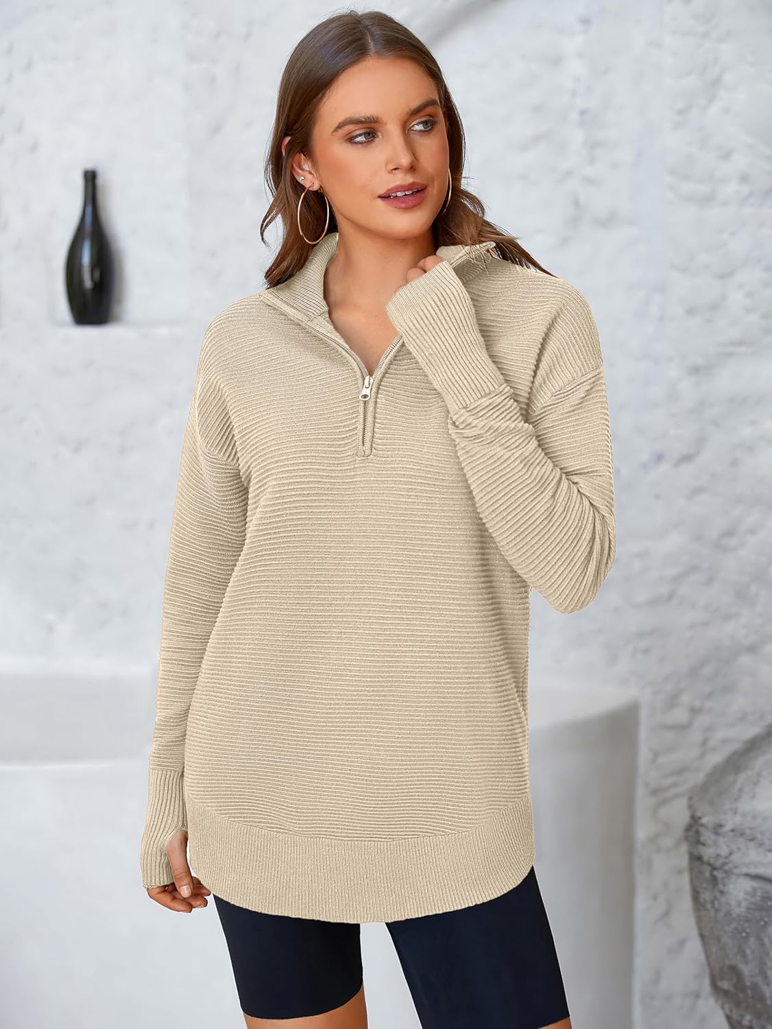 Detalle de PRETTYGARDEN Women's Long Sleeve Quarter Zip Pullover Sweater: Cozy, Versatile, and Layer-Ready