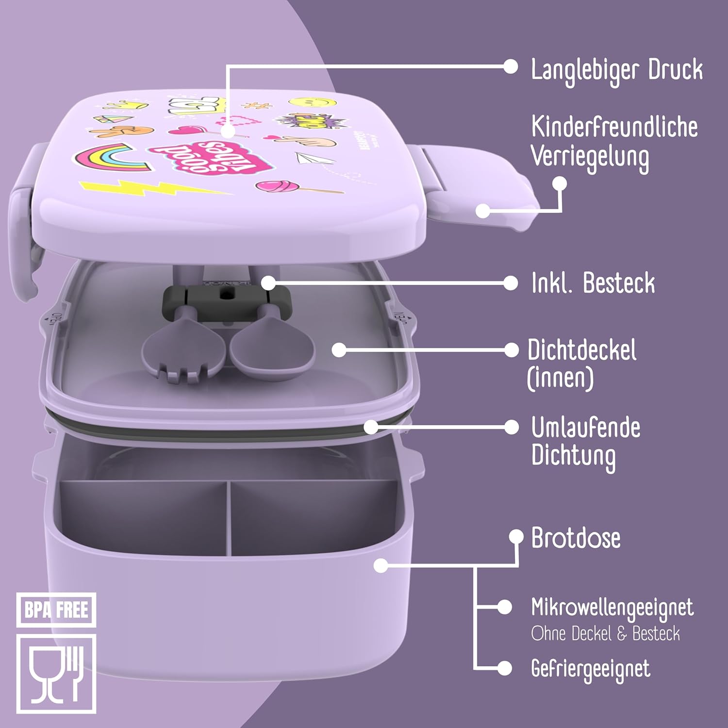 Thumbnail 3 de BEARFOOT Brotdose Kinder mit Fächern (BPA-frei, auslaufsicher) – Lunchbox mit Bento-Box-Teiler, Sticker-lila