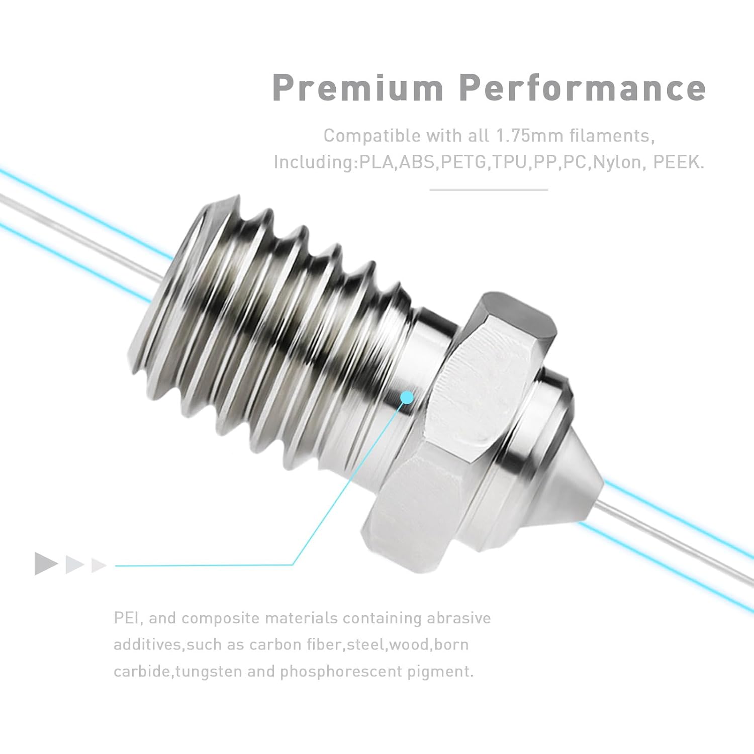 Detalle 2 de V6Bimetal バイメタルノズル 0.6mm 硬化鋼チップ・メッキ銅製 1.75mm対応