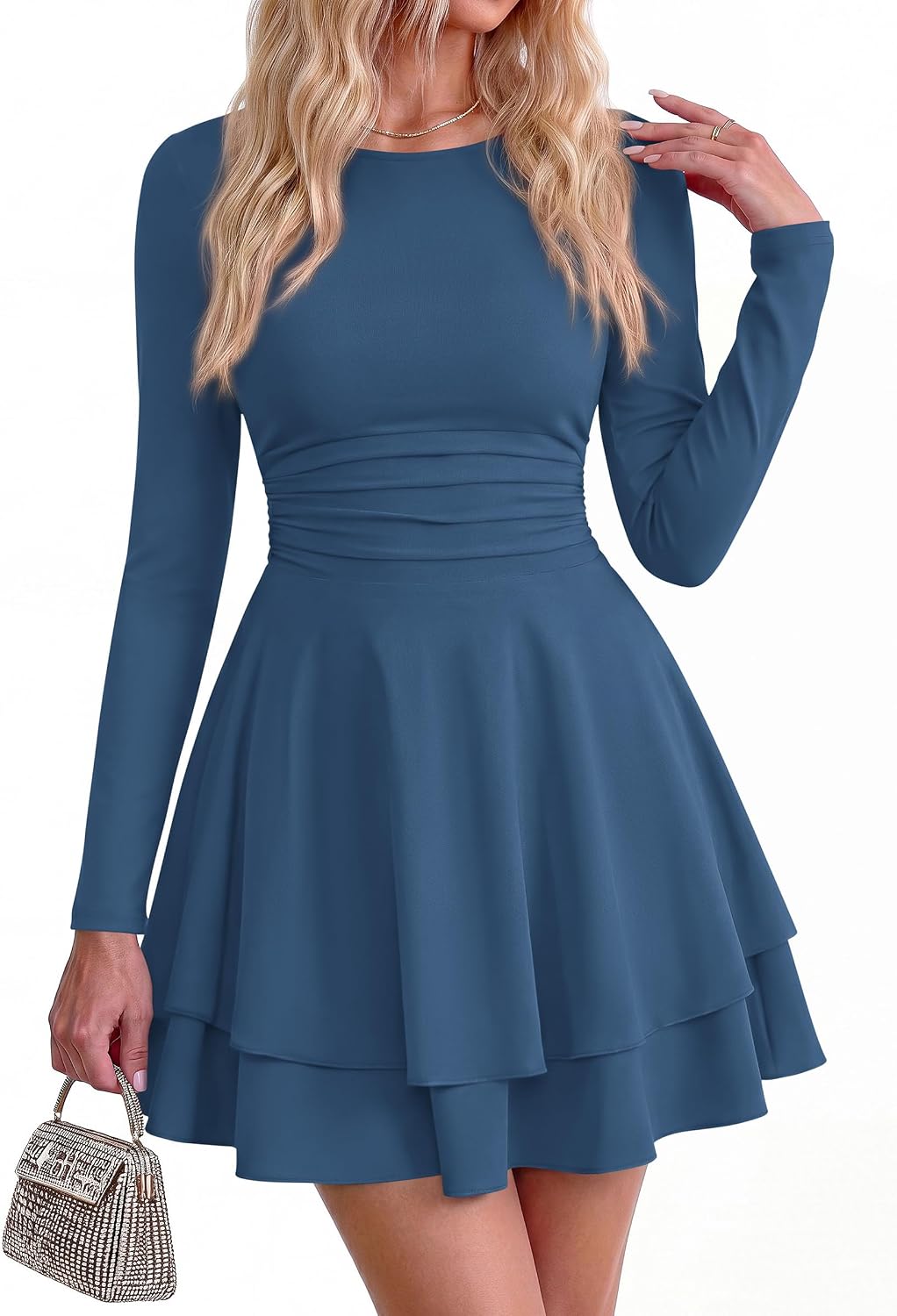 Detalle de PRETTYGARDEN Long Sleeve Mini Dress, Crewneck