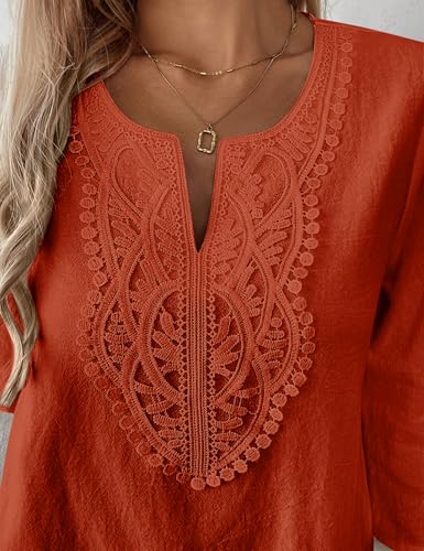 Thumbnail 4 de Rapbin Women's Tops: 3/4 Sleeve Cotton Linen V-Neck Boho Lace Blouse