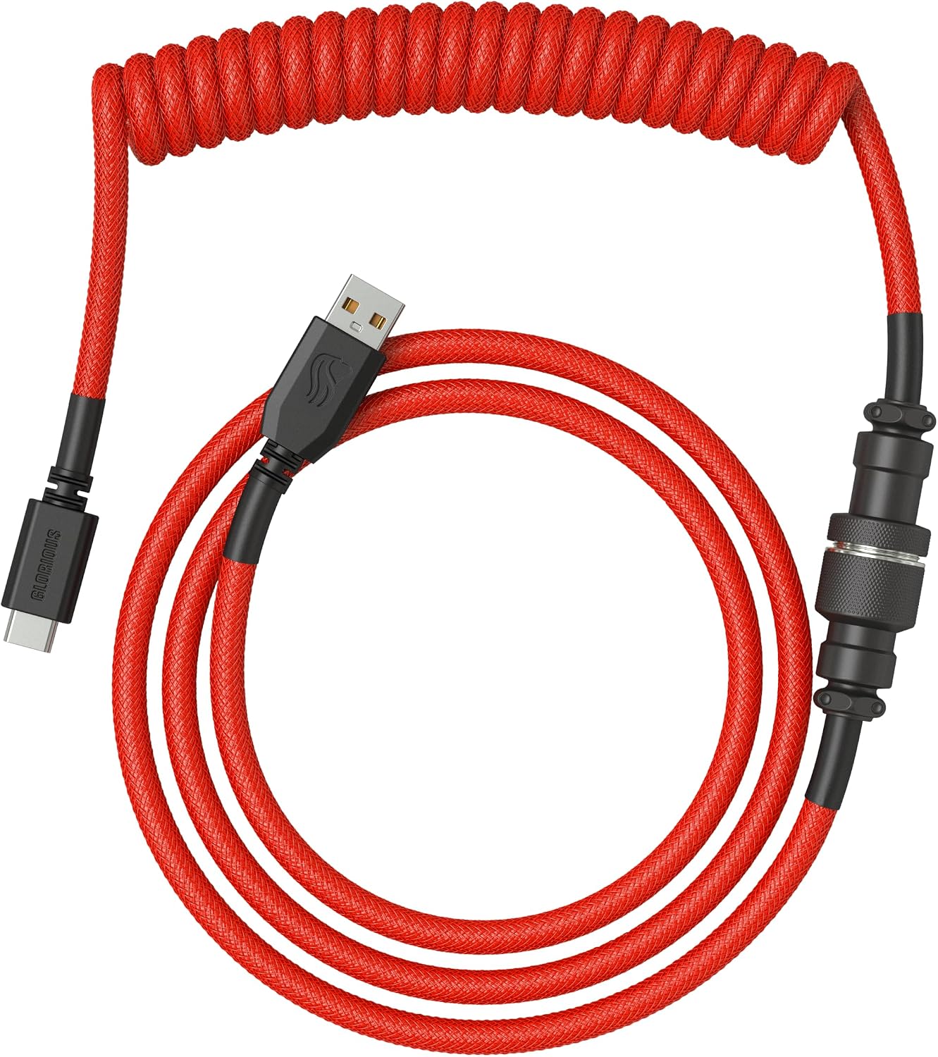 Detalle de GLORIOUS Gaming Coiled Keyboard Cable premium con connettori USB-A/USB-C e connettore aviator a 5 pin (rosso cremisi)