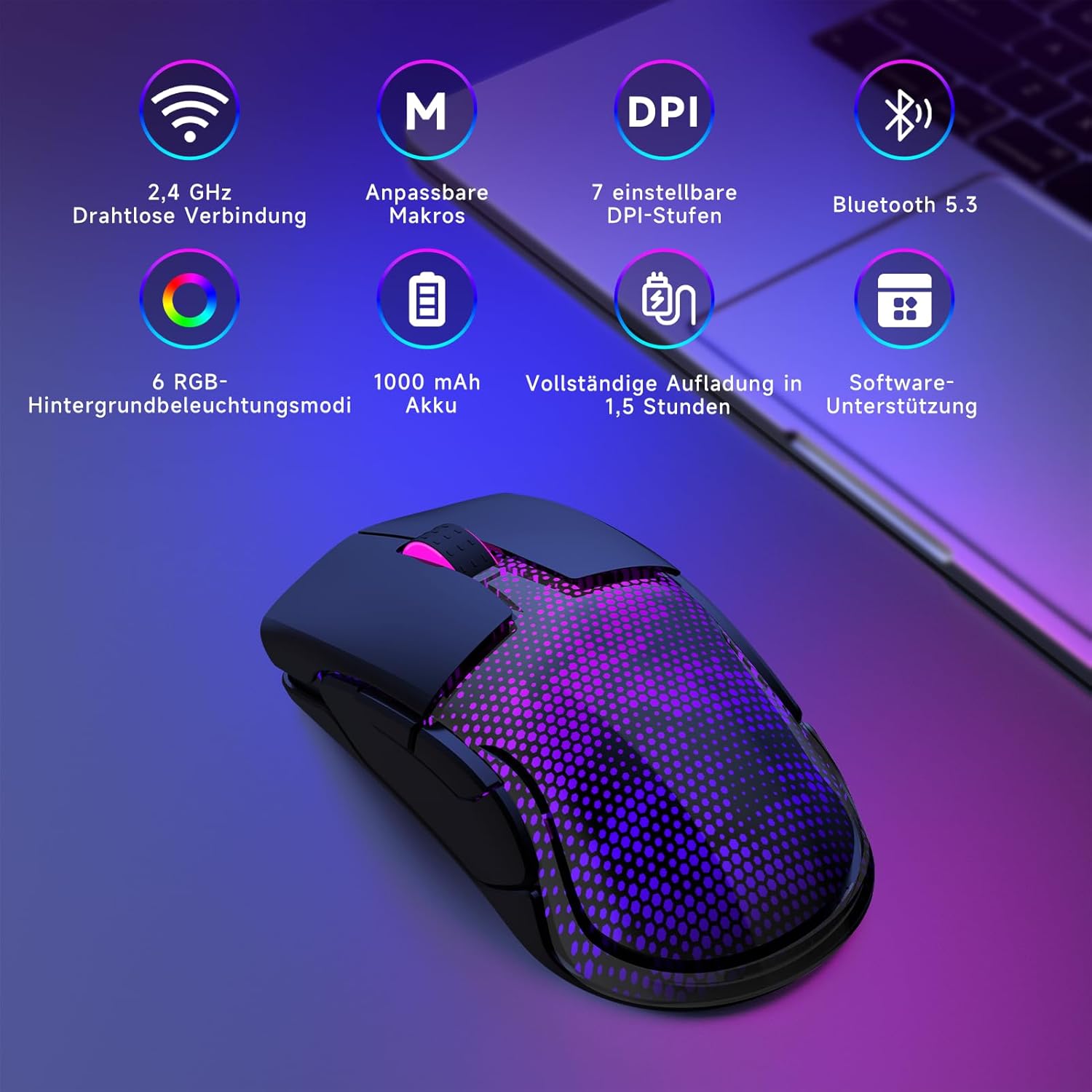 Thumbnail 1 de Gaming Maus Kabellos – 12K DPI, Bluetooth 5.3, 86 g, RGB, 6 Tasten
