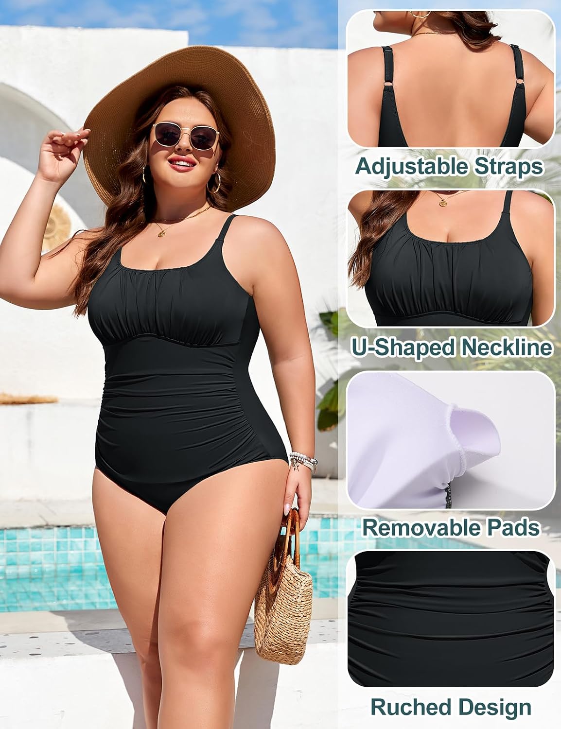 Detalle 2 de heekpek Badeanzug Damen Große Größe – Bauchweg Einteiler mit U‑Ausschnitt und Rücken, Plus Size