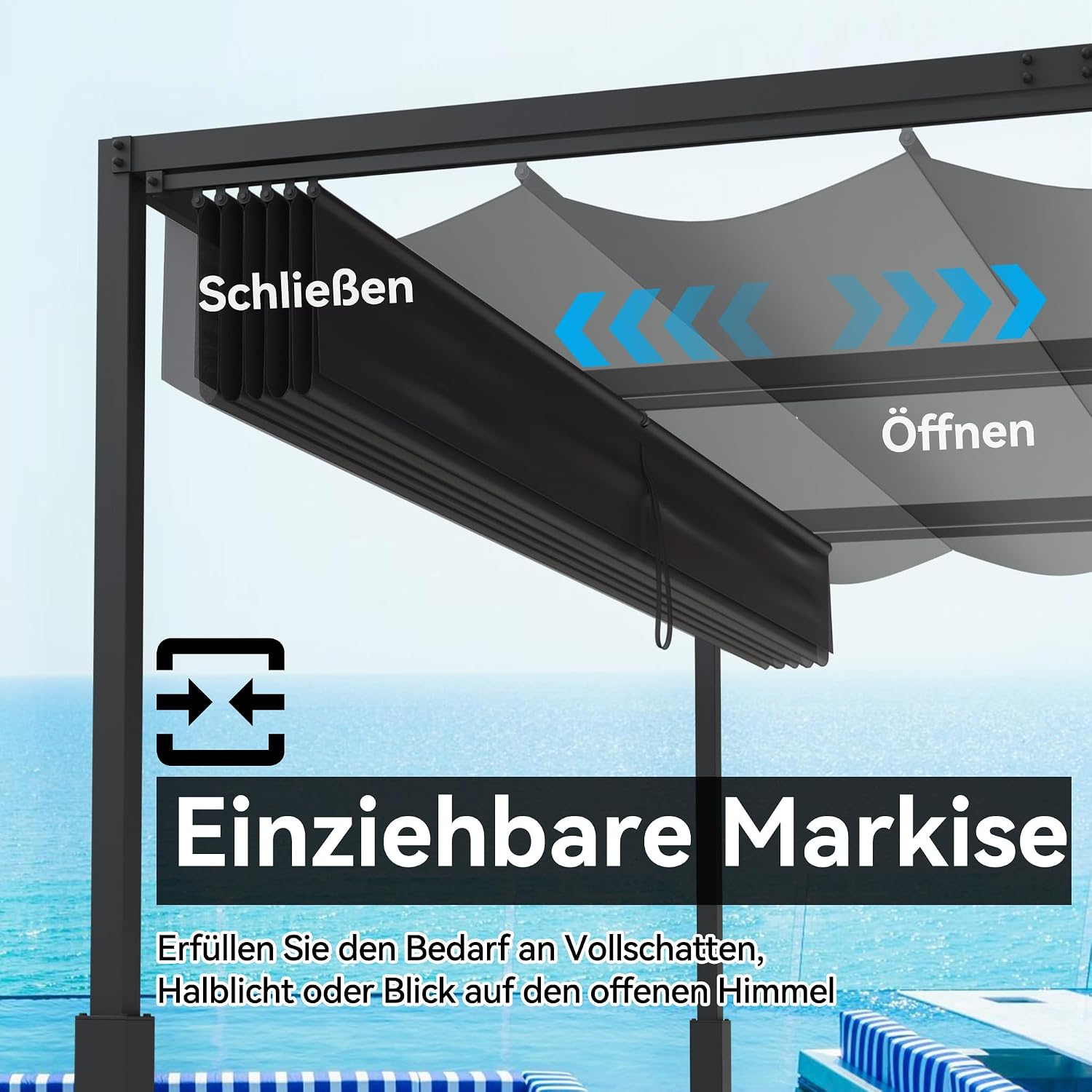 Detalle de VA-Cerulean Metall Pergola mit Schiebedach, 3x4 m – freistehender Pavillon aus Metall mit Sonnenschutz und schmalem Design in Schwarz