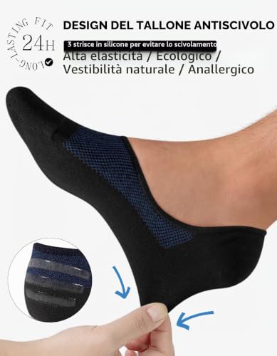 Detalle de CLOSEMATE 6 Paia Calze Fantas mini Uomo in Cotone – Invisibili e Antiscivolo per Mocassini e loafer