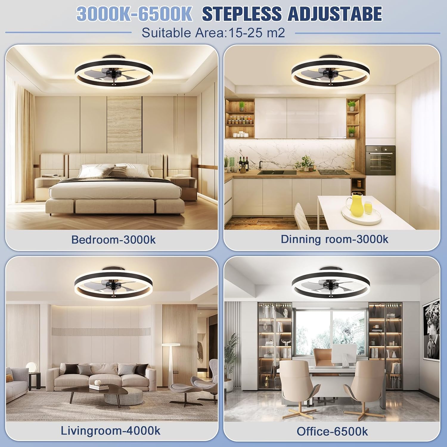 Detalle de VOLISUN 21236ZM Low-Profile Ceiling Fan with Light, Remote and Dimmable LED