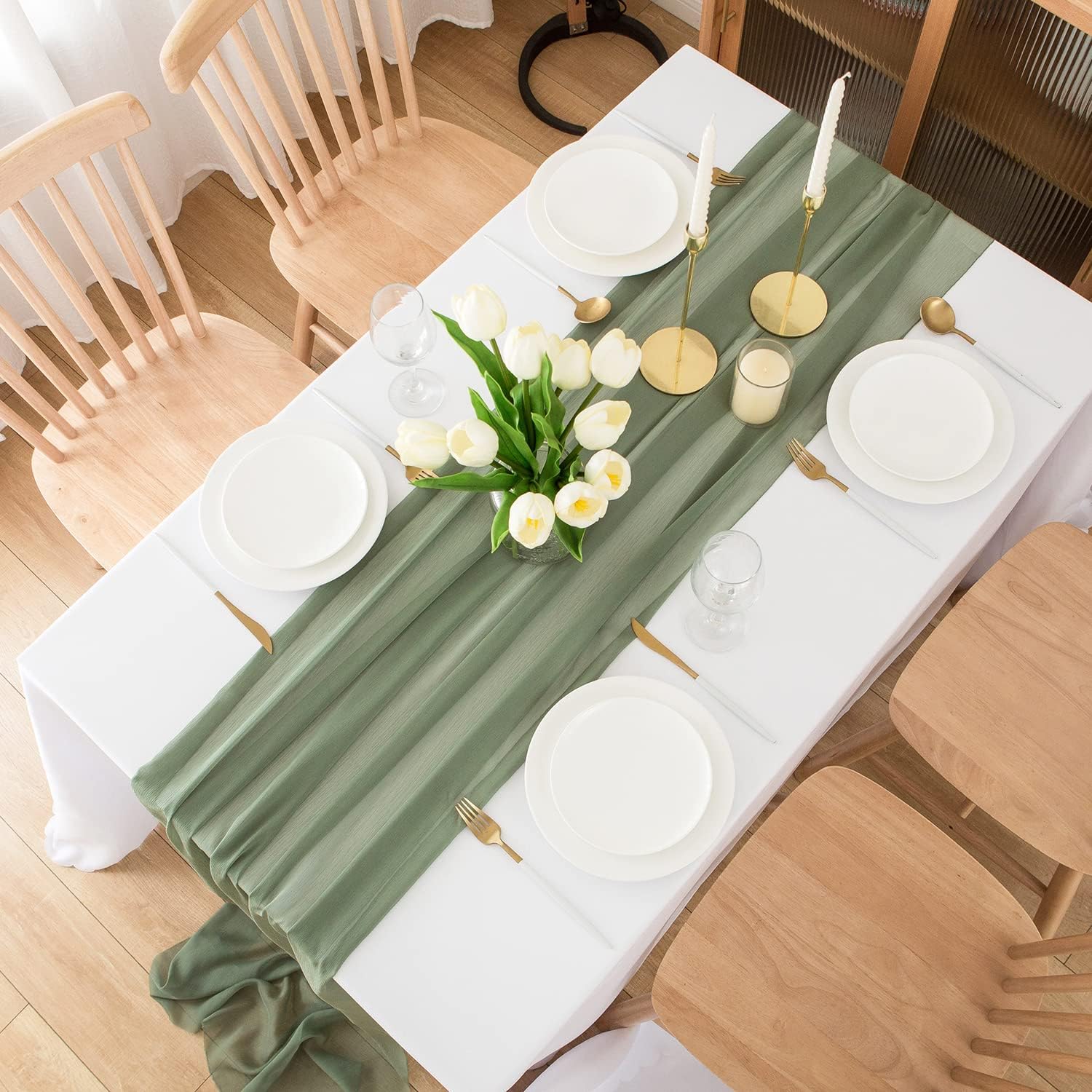 Detalle 2 de CHUQING Tischläufer Grün Chiffon – 70 × 300 cm, Salbeigrün/Hellgrün