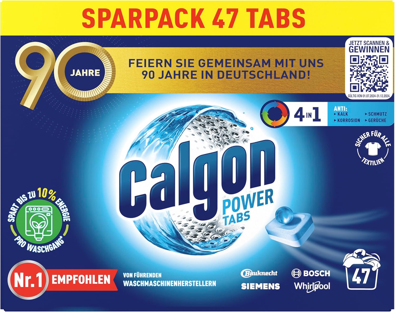 Calgon 4-in-1 Power Tabs – Waschmaschinen-Entkalker mit Geruchs- und Schmutzschutz (47 Tabs)