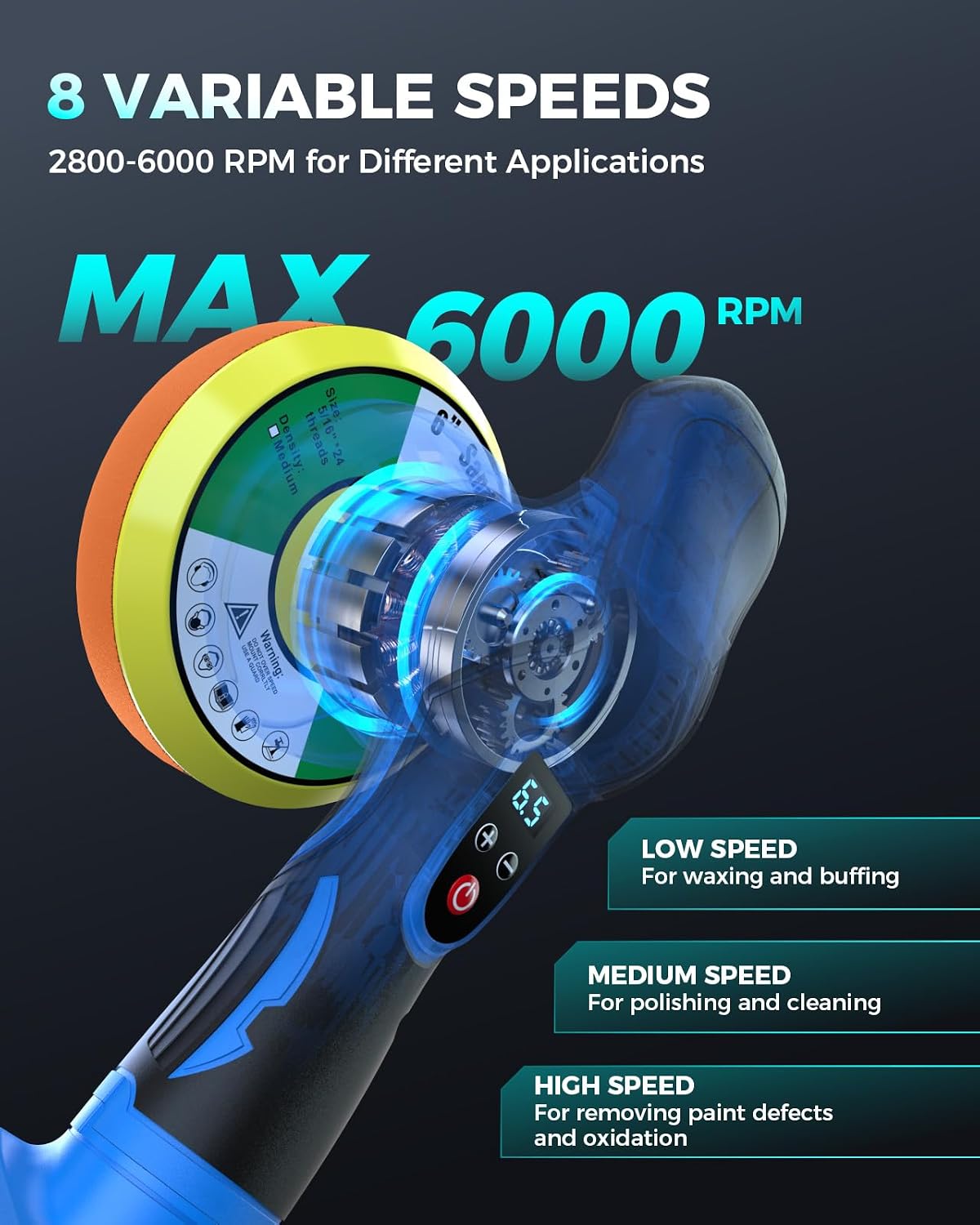 Thumbnail 1 de RAYBAO Cordless Car Polisher: 6-Inch DA Buffer with 9mm Orbit, 8 Speeds, Dual Batteries