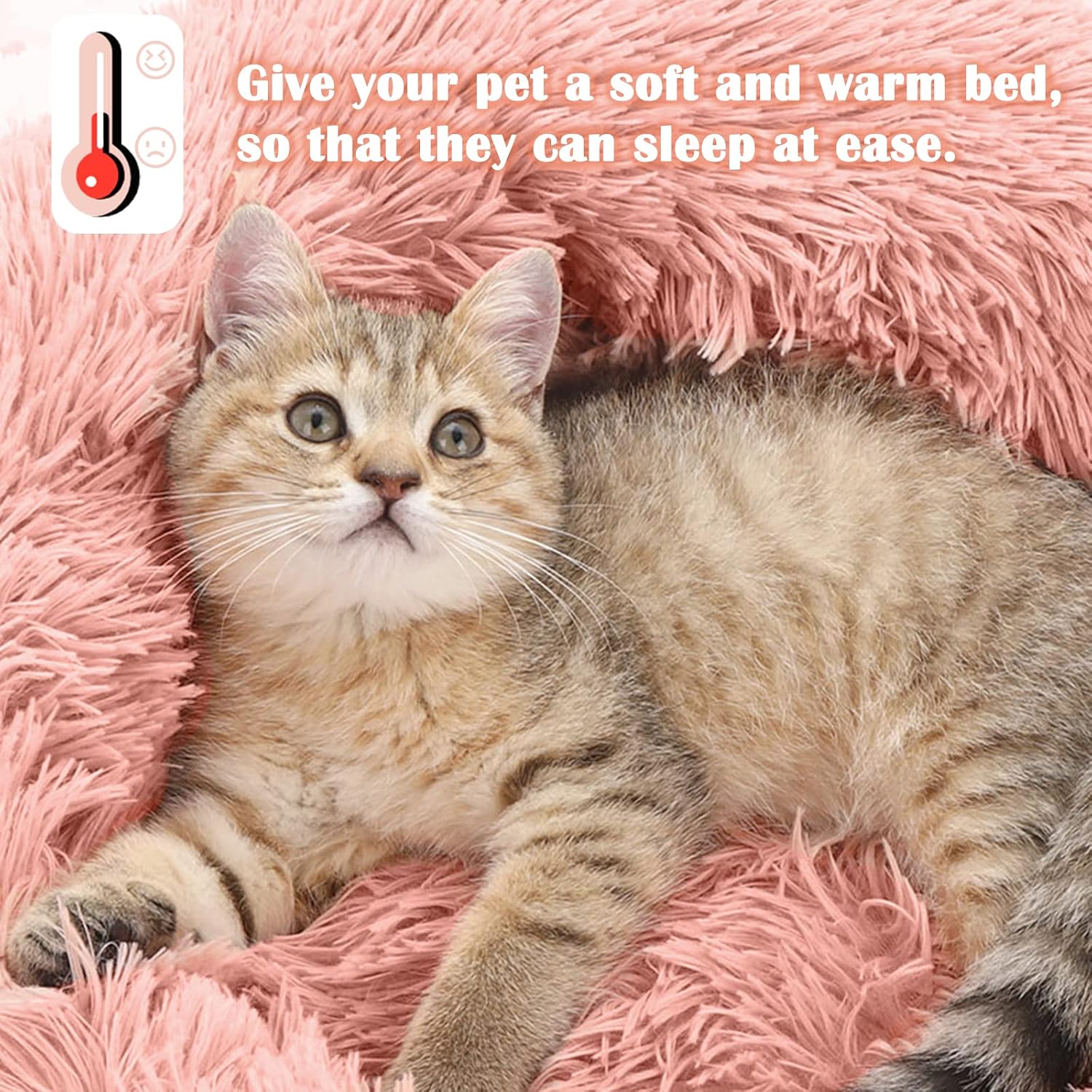 Detalle 2 de Nepfaivy Calming Dog Cat Donut Bed - 15.75in Pink, Soft Plush Round Nest for Small Pets
