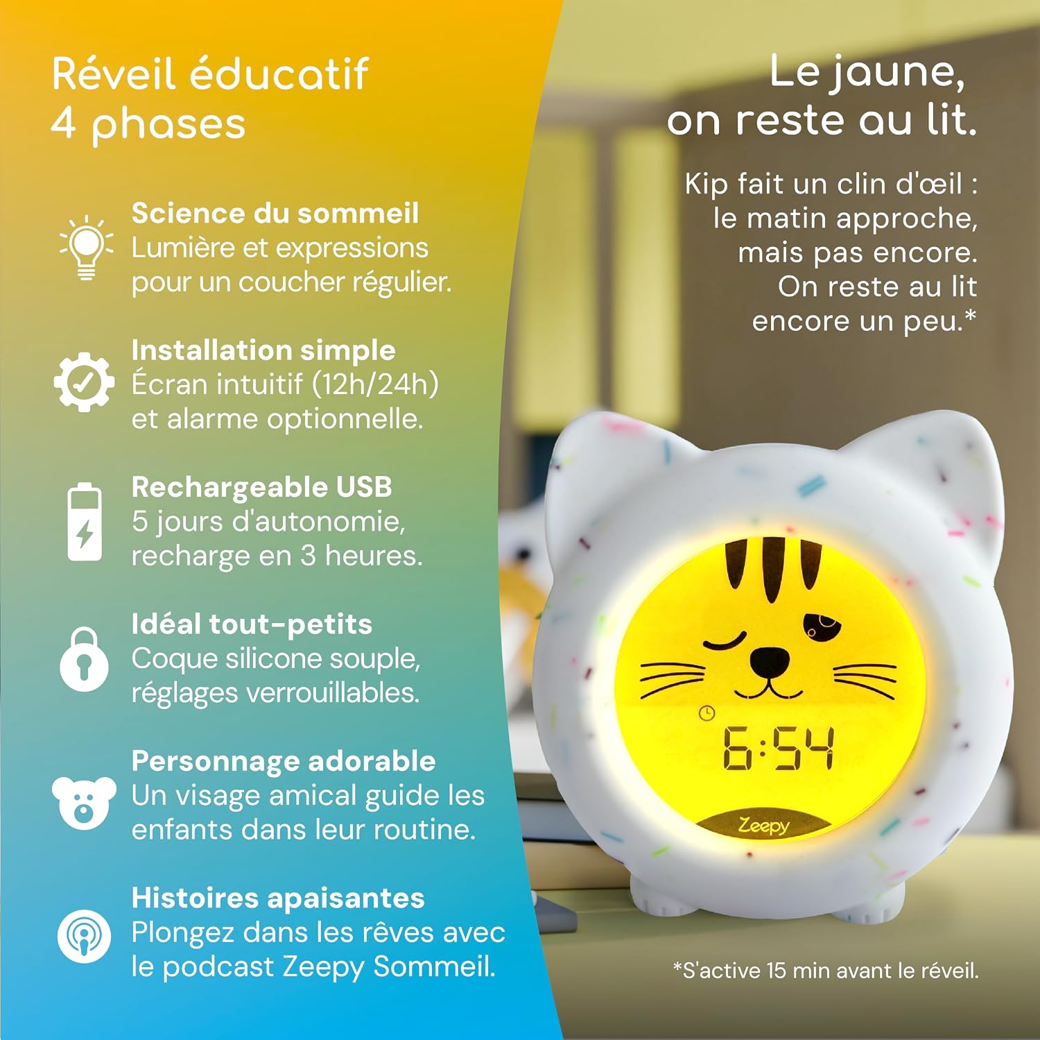 Detalle de Zeepy Horloge Enfant 4 Phases Apprentissage Sommeil – Kip Le Chaton