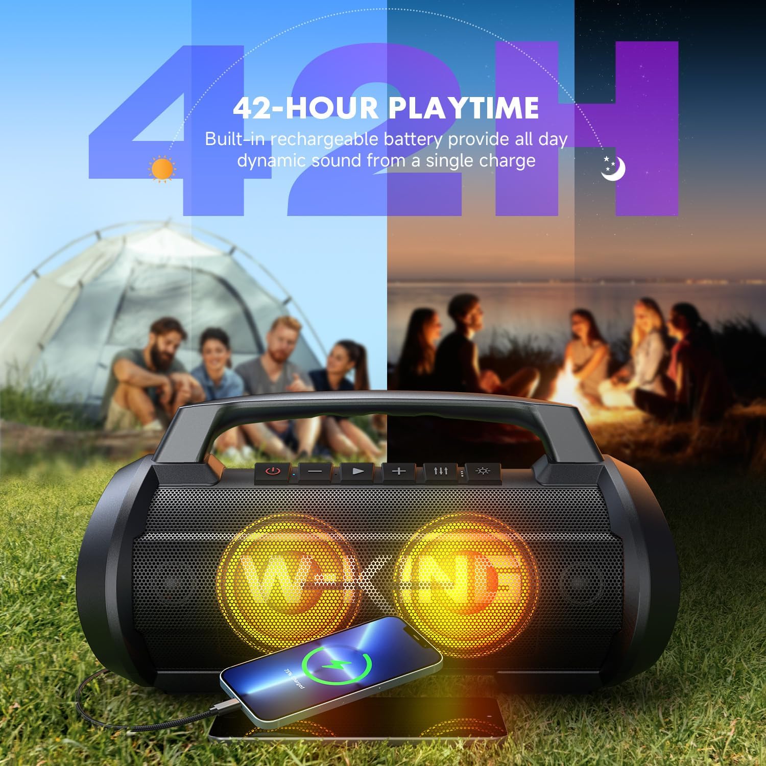 Detalle de W-KING Bluetooth-Lautsprecher D10 (120 W Peak) mit Bass Boost, DSP/EQ, IPX6, 42 Std. Akku, Party-Box-Licht