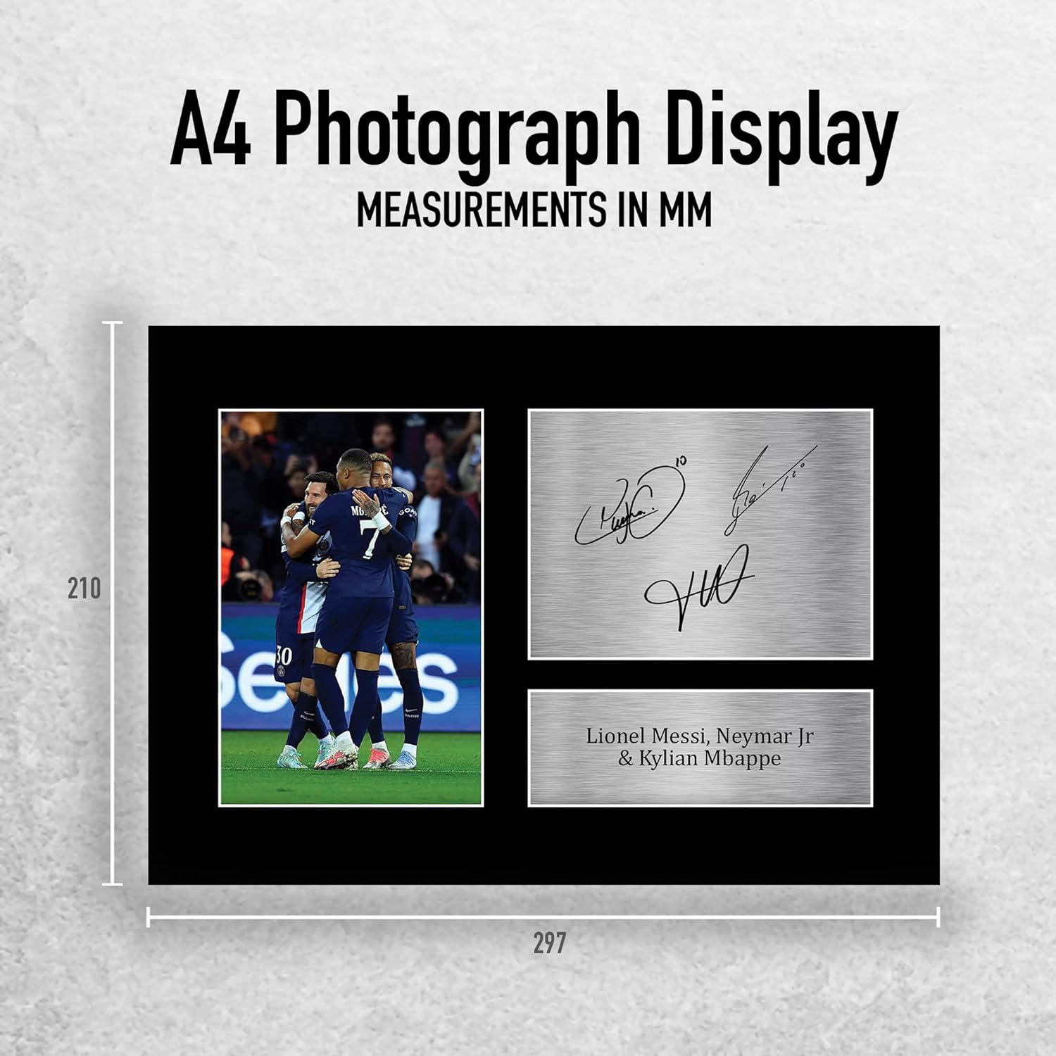 Thumbnail 1 de Lionel Messi, Neymar Jr & Kylian Mbappé Paris Blue and Reds A4 signed autograph picture (HWC Trading)