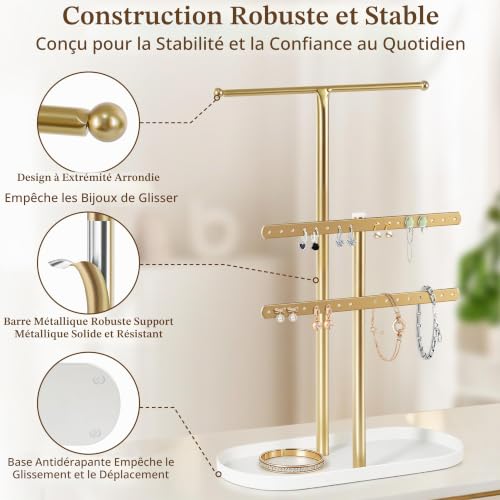 Detalle de VIRETH HAUS Organisateur de Bijoux 3 Niveaux en Métal Doré avec Plateau – Élégance compacte pour votre collection