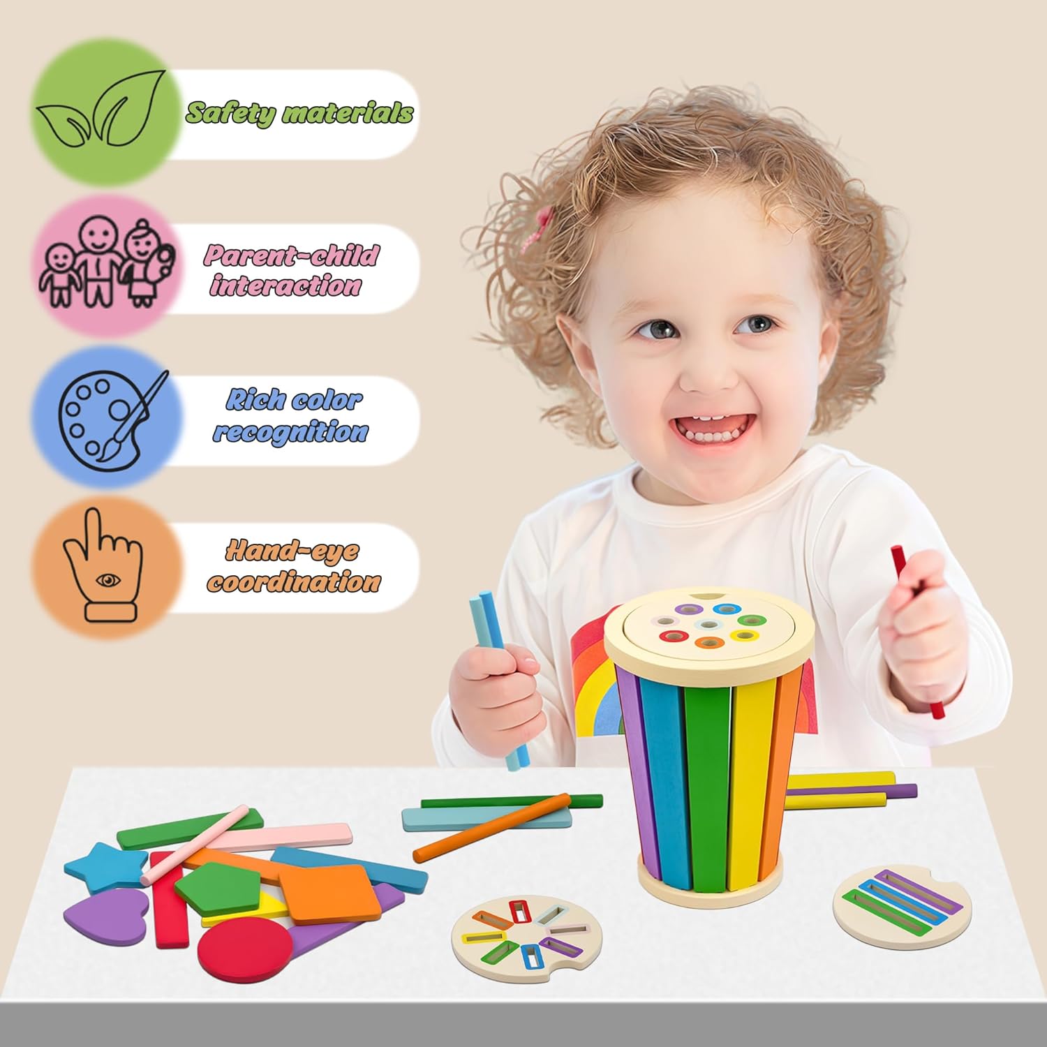 Detalle de Montessori Giocattoli 3 in 1 da 1 Anno: legno naturale, colori vivaci e sviluppo motorio