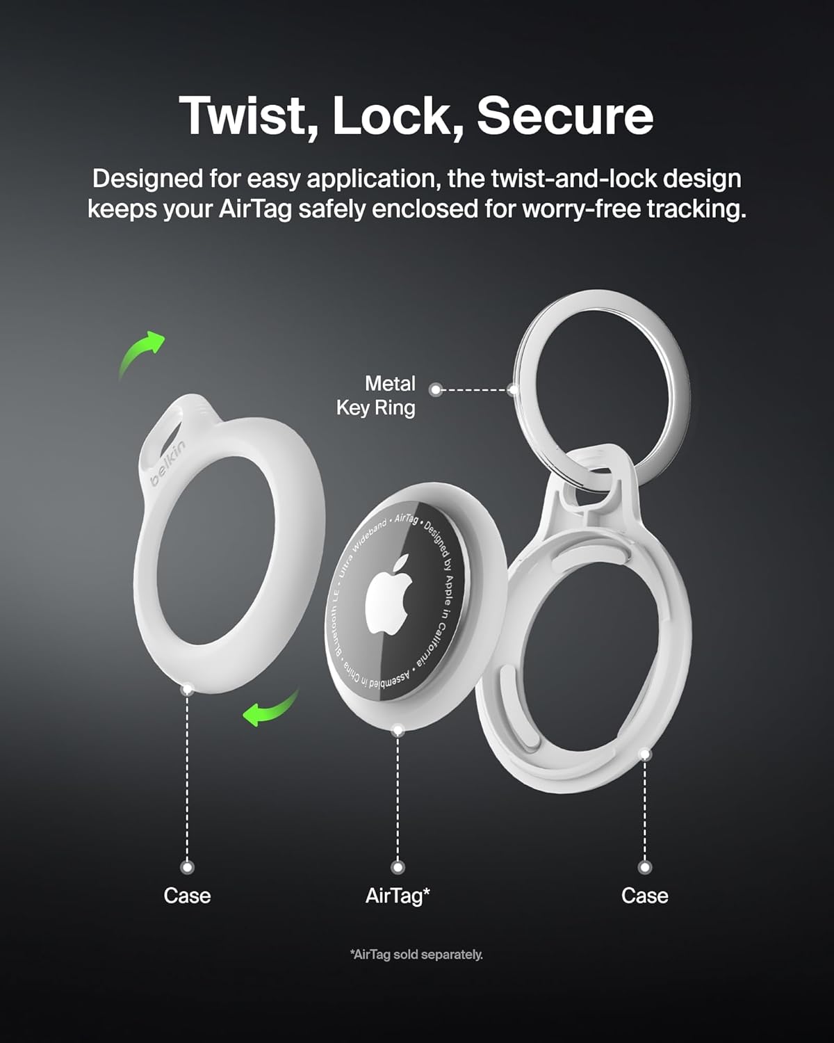 Thumbnail 3 de Belkin portachiavi per Apple AirTag (2 pezzi) con custodia e anello porta AirTag, nero e bianco