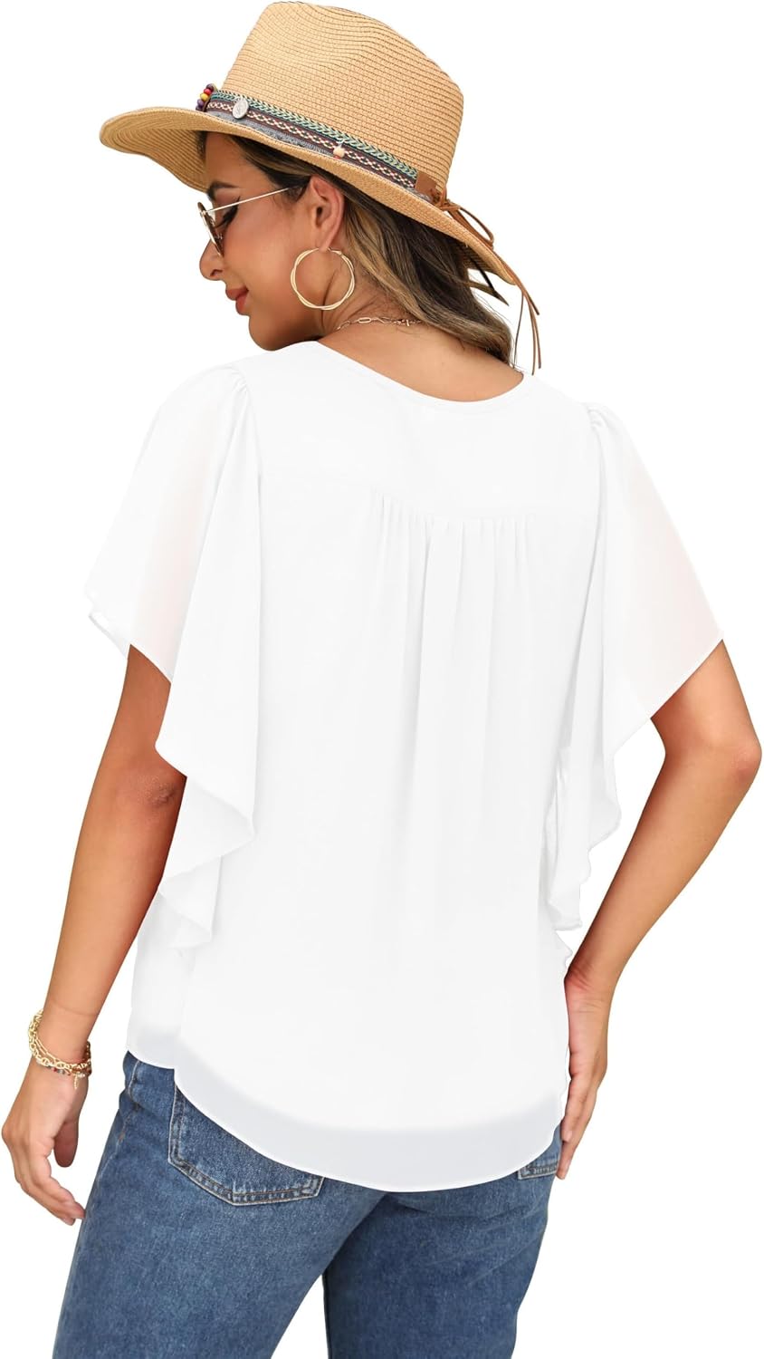 Detalle 2 de QIXING Chiffon Kurzarmbluse Damen mit Fledermausärmel – Sommor Top im Rundhals-Design