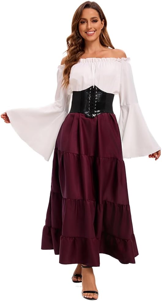 Feynman Robe médiévale rétro pour femme à manches trompette – robe maxi velours pour carnaval, Halloween et fêtes