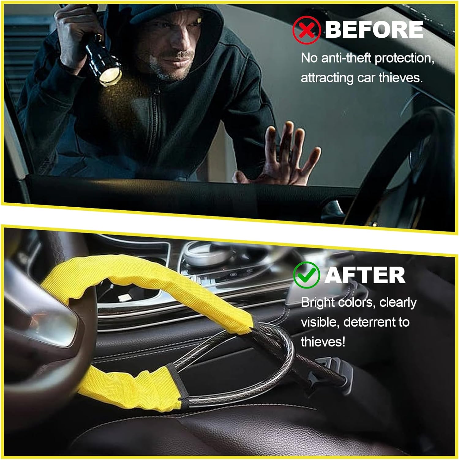 Detalle de Universal Car Steering Wheel Lock with High-Visibility Seat Belt Lock — 3 Keys, Upgraded Aluminium Head, 17" Cable, Yellow