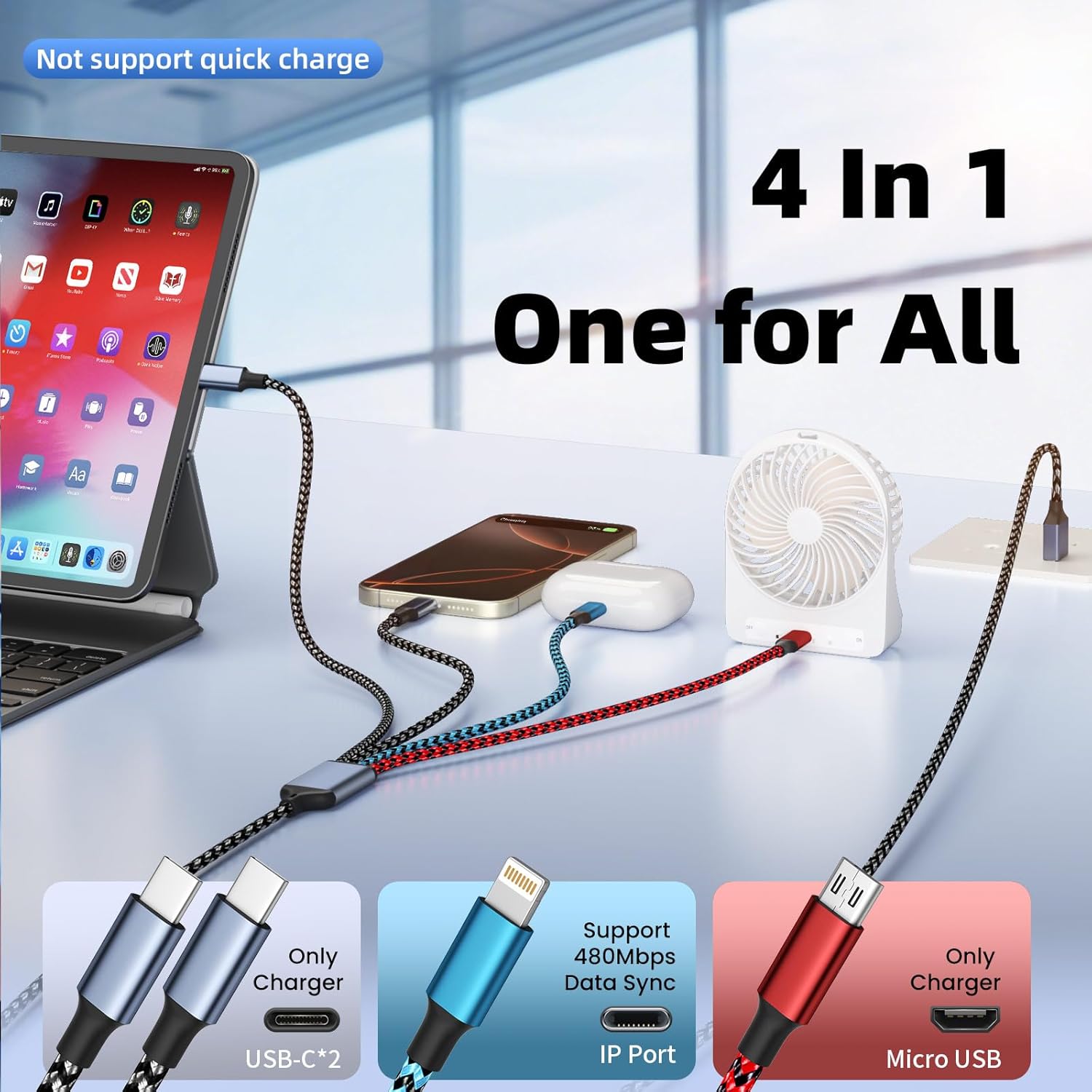 Thumbnail 1 de Jogrytece Dual Type-C Ports USB 4-in-1 Multi Charging Cable (2-Pack, 5 ft)
