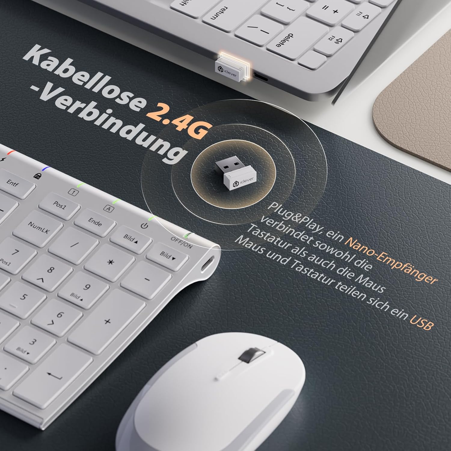 Thumbnail 2 de iClever Tastatur Maus Set Kabellos – Ultrakompakt, wiederaufladbar, QWERTZ Weiß