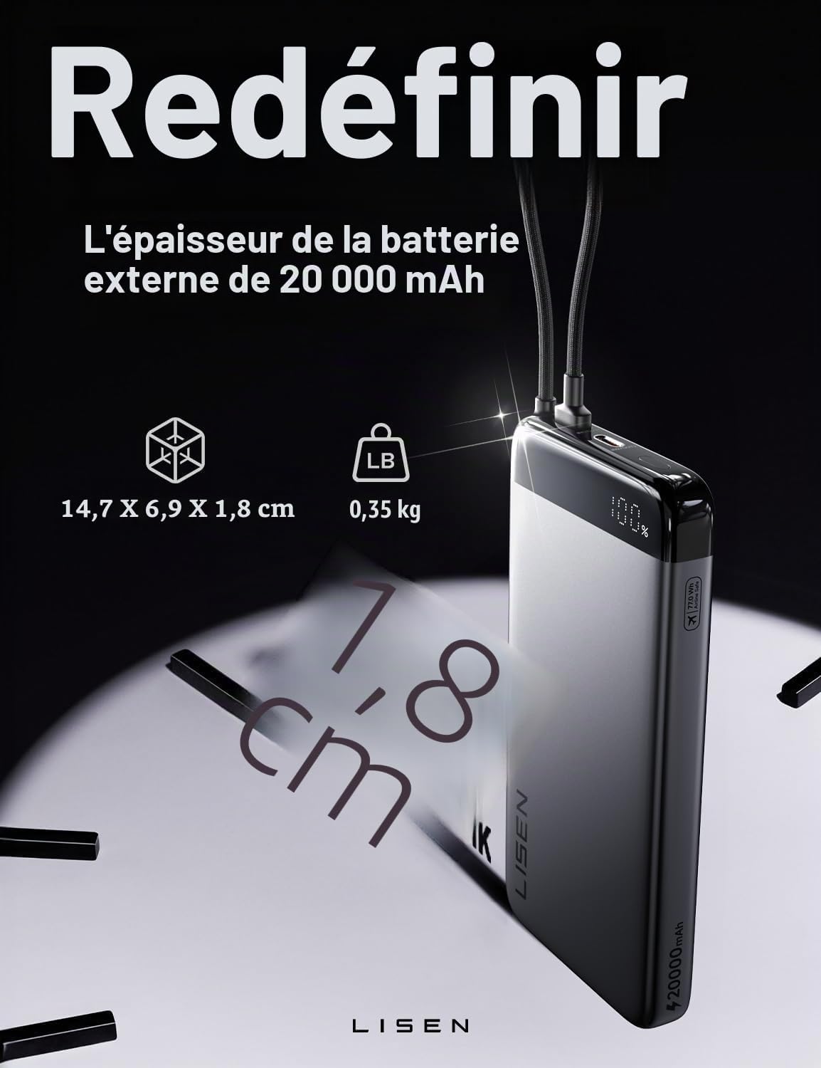 Thumbnail 1 de LISEN Power Bank Slim CCC – Batterie externe 20 000 mAh avec câble intégré et 35 W