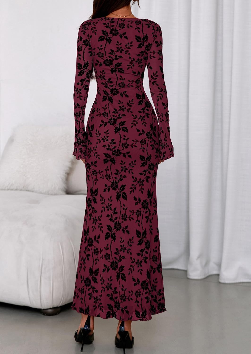 Detalle de PRETTYGARDEN Floral Bodycon Maxi Dress, Boat Neck, Long Sleeve Mesh