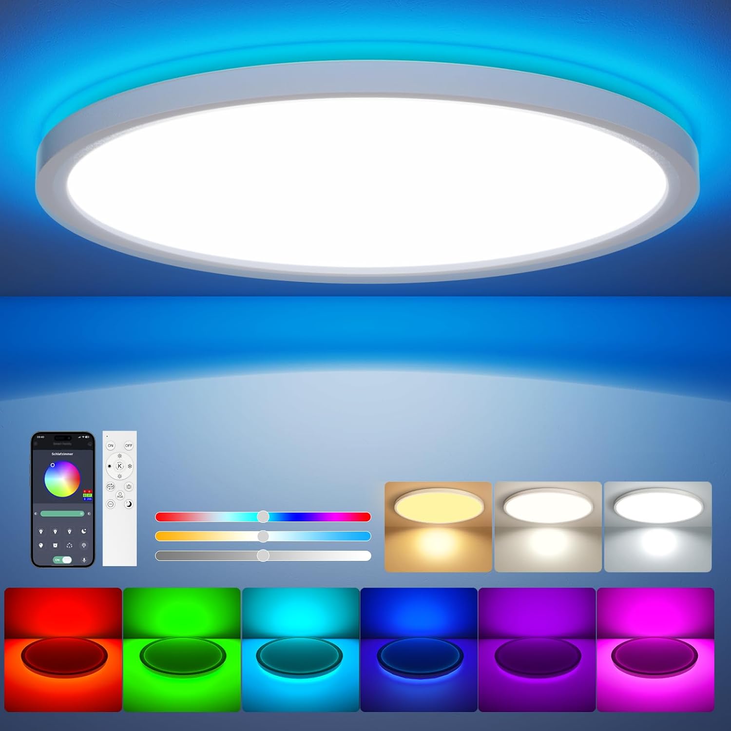 Detalle de Aphyni Lampe de Plafond LED Dimmable avec Télécommande – 24W RGB, 3000K-6500K, contrôle via app