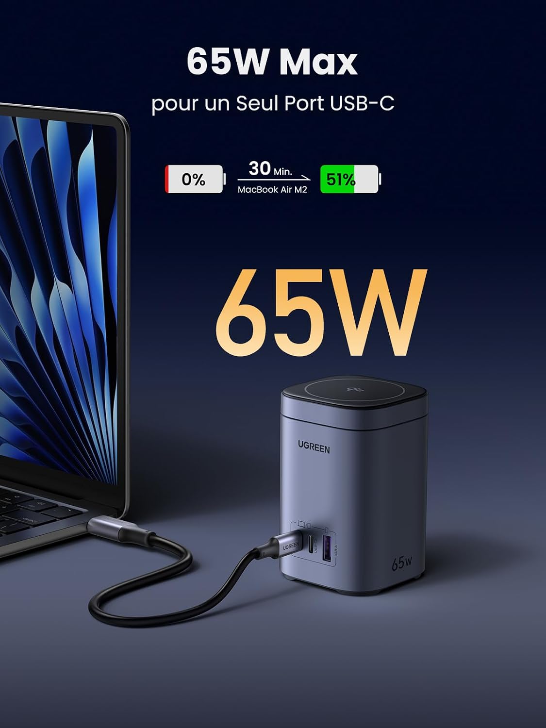 Detalle 2 de UGREEN Nexode 65W chargeur station 15W Qi2