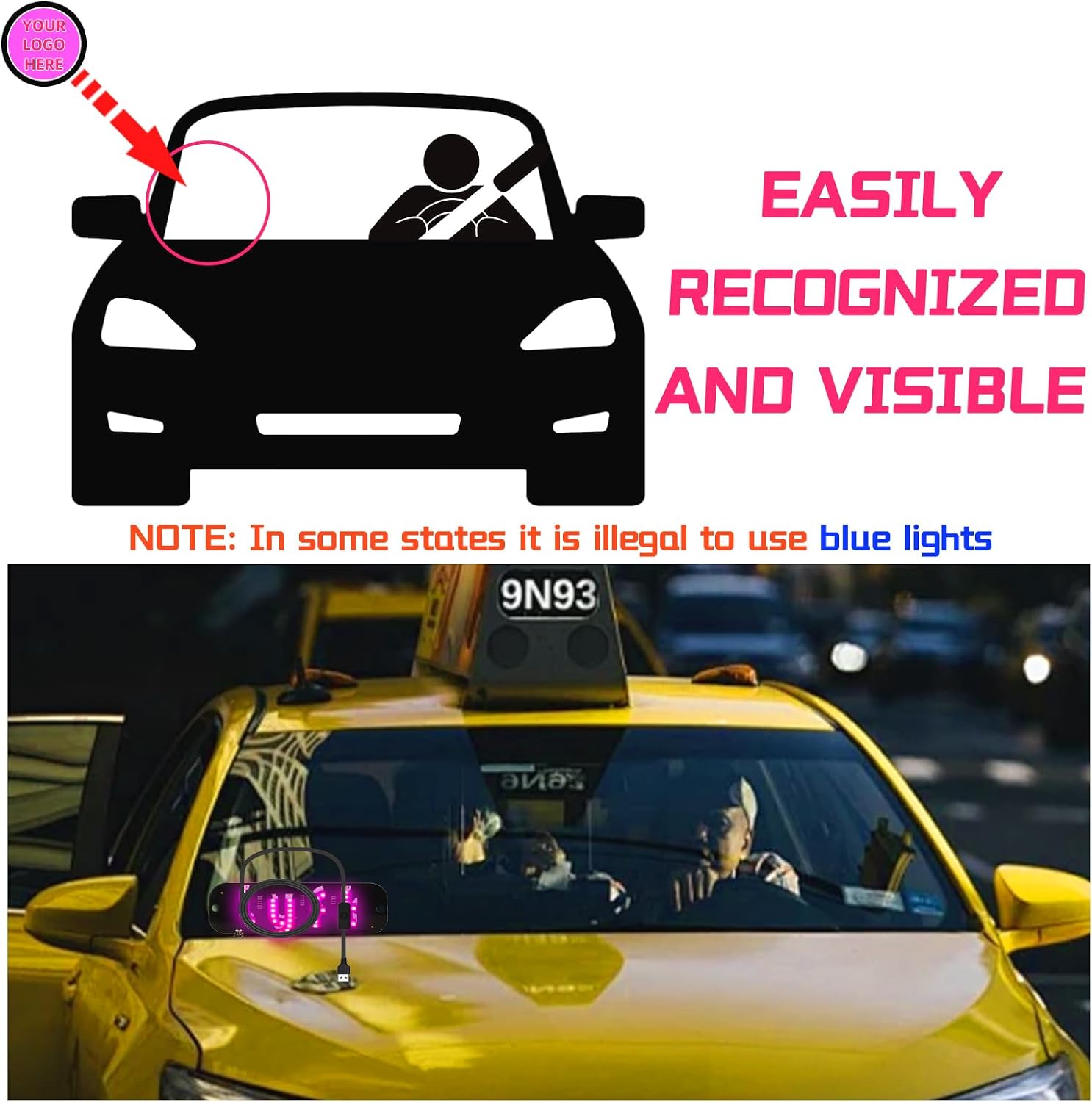 Thumbnail 1 de LED Light for Car Windshield Sign (Pink) with Suction Cups, Hook-and-Loop Cable Ties and USB Plug