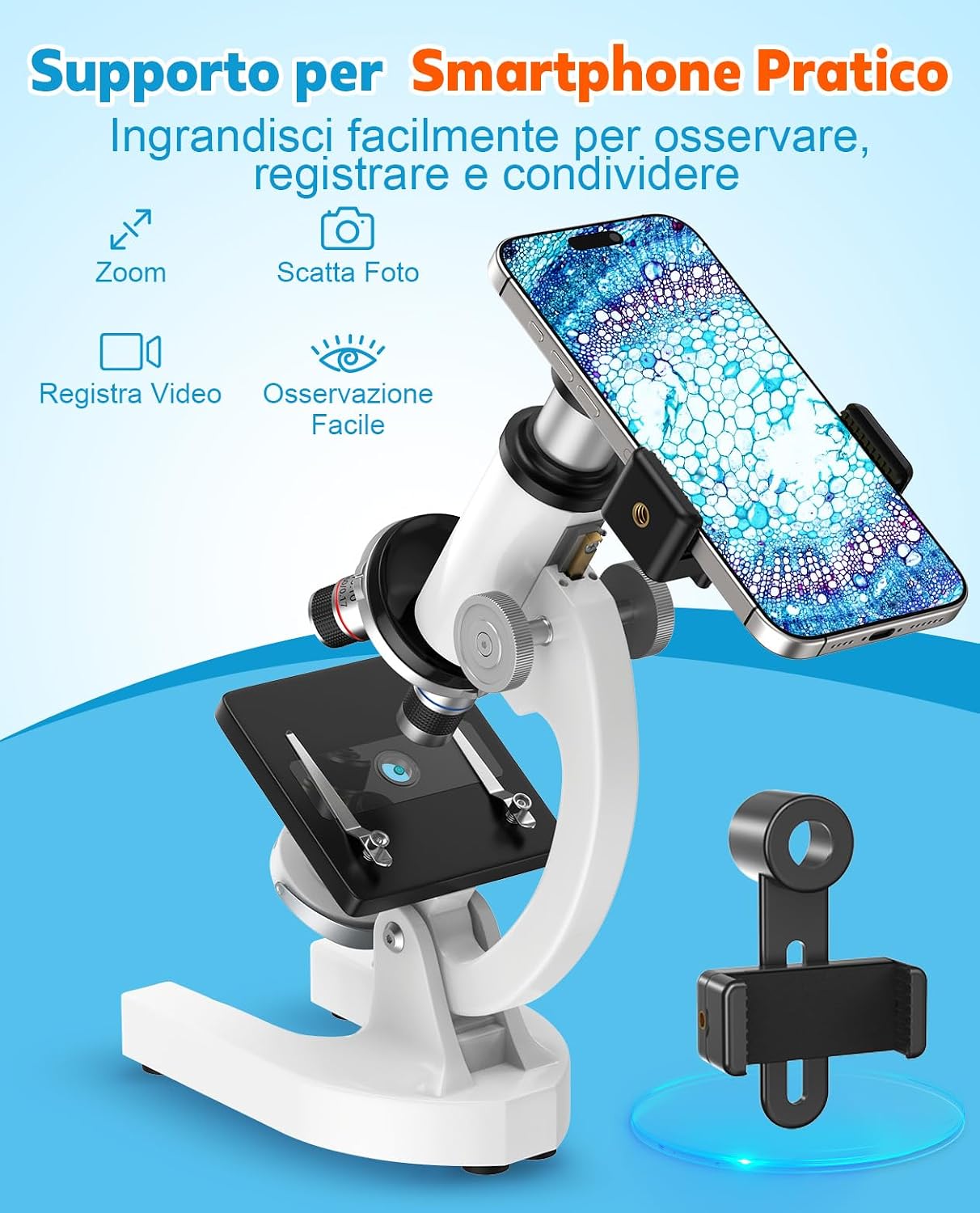 Detalle de Microscopio 2000X per Bambini, Studenti e Adulti — Kit professionale in metallo con vetrini e supporto per phone