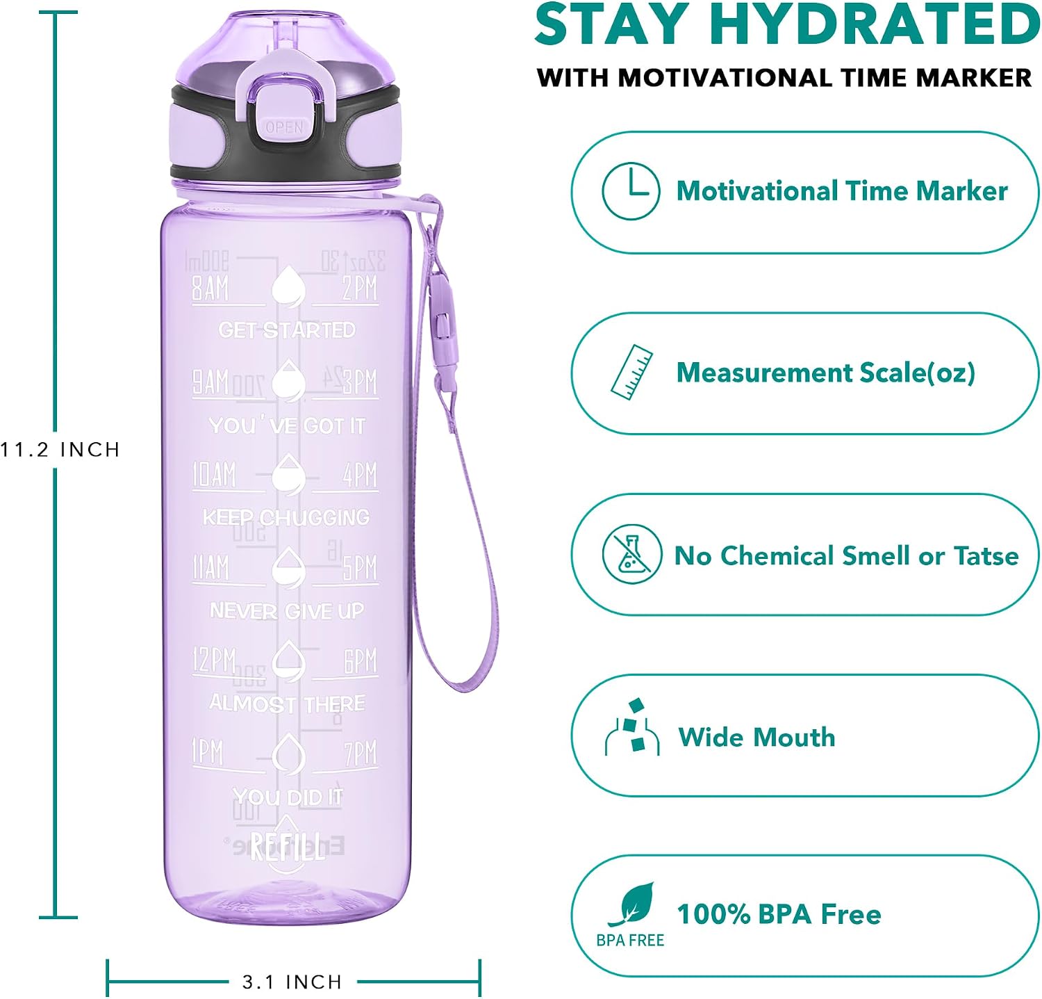 Detalle 2 de Enerbone 32 oz Water Bottle with Straw, Time Markers and Carrying Strap