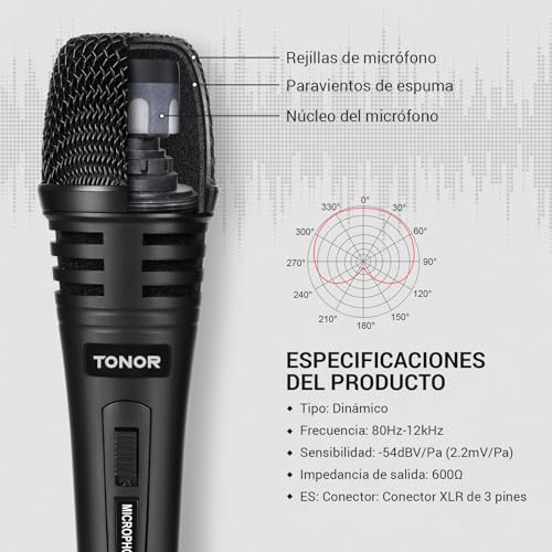 Detalle de TONOR Micrófono Karaoke dinámico con cable XLR de 5 m para cantar y hablar
