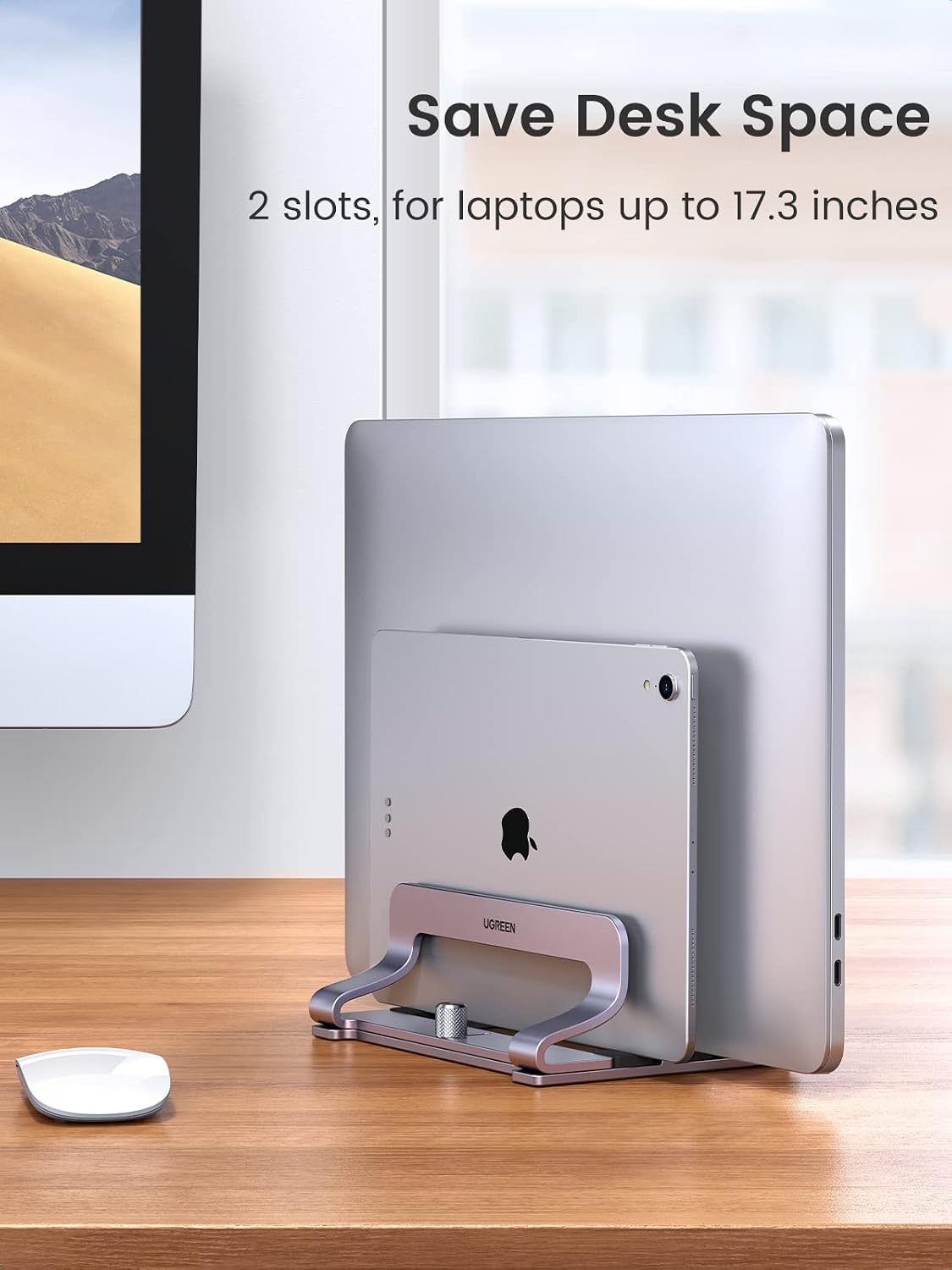 Detalle de UGREEN Adjustable Vertical Laptop Stand, Two Slots, Aluminium
