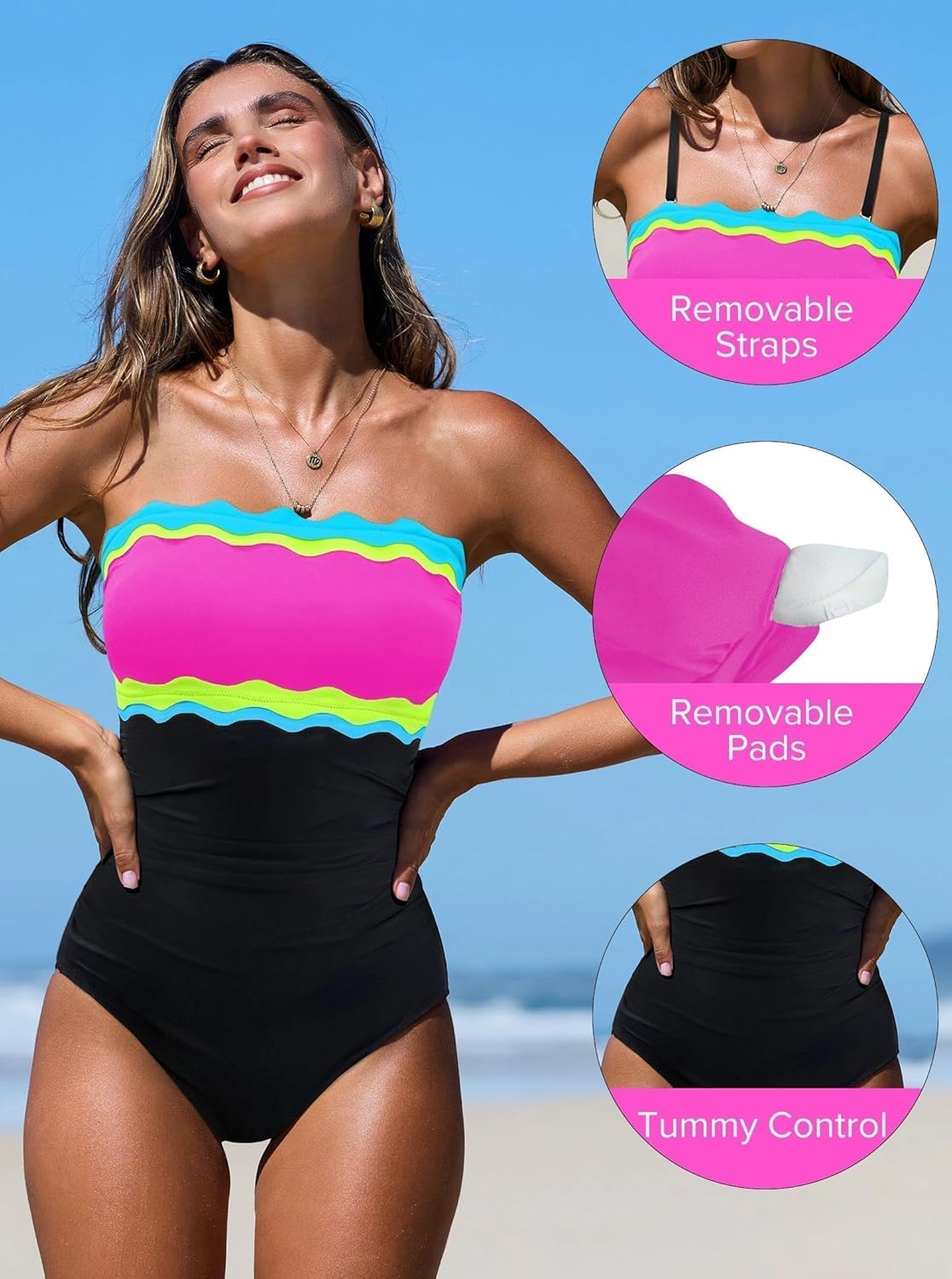 Thumbnail 3 de Popvil One Piece Swimsuits for Women: Neon Bandeau with Tummy Control and Strapless Design