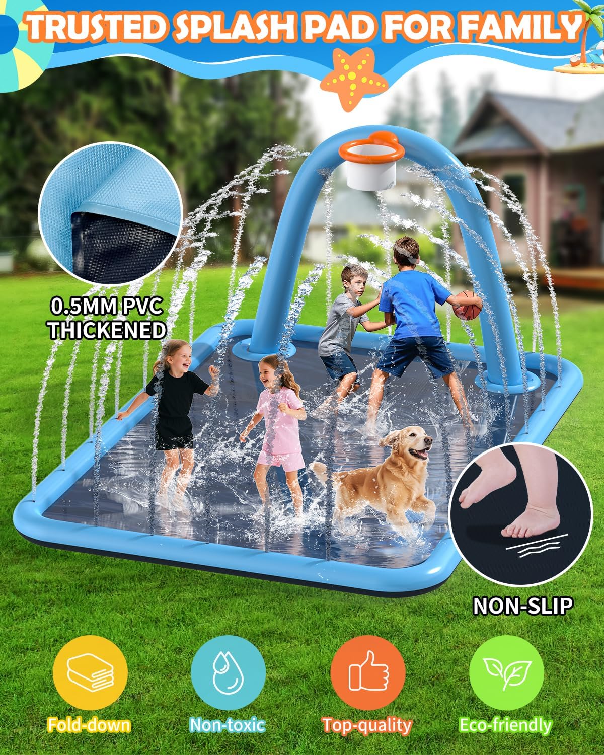 Thumbnail 3 de Octaplay Splash Pad for Kids & Dogs, Large 102" Water Play Mat with Basketball Hoop & Spray Games