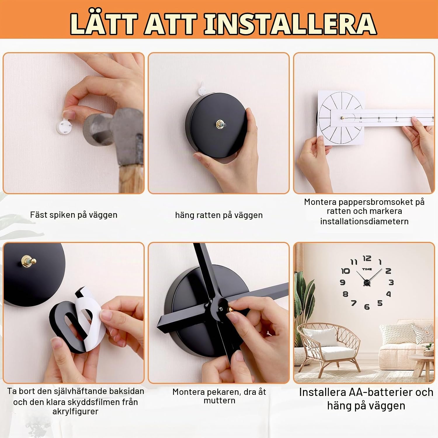 Detalle de JIZZU CZ-K0-1-EU väggklocka med 3D-siffror, svart och ramlös