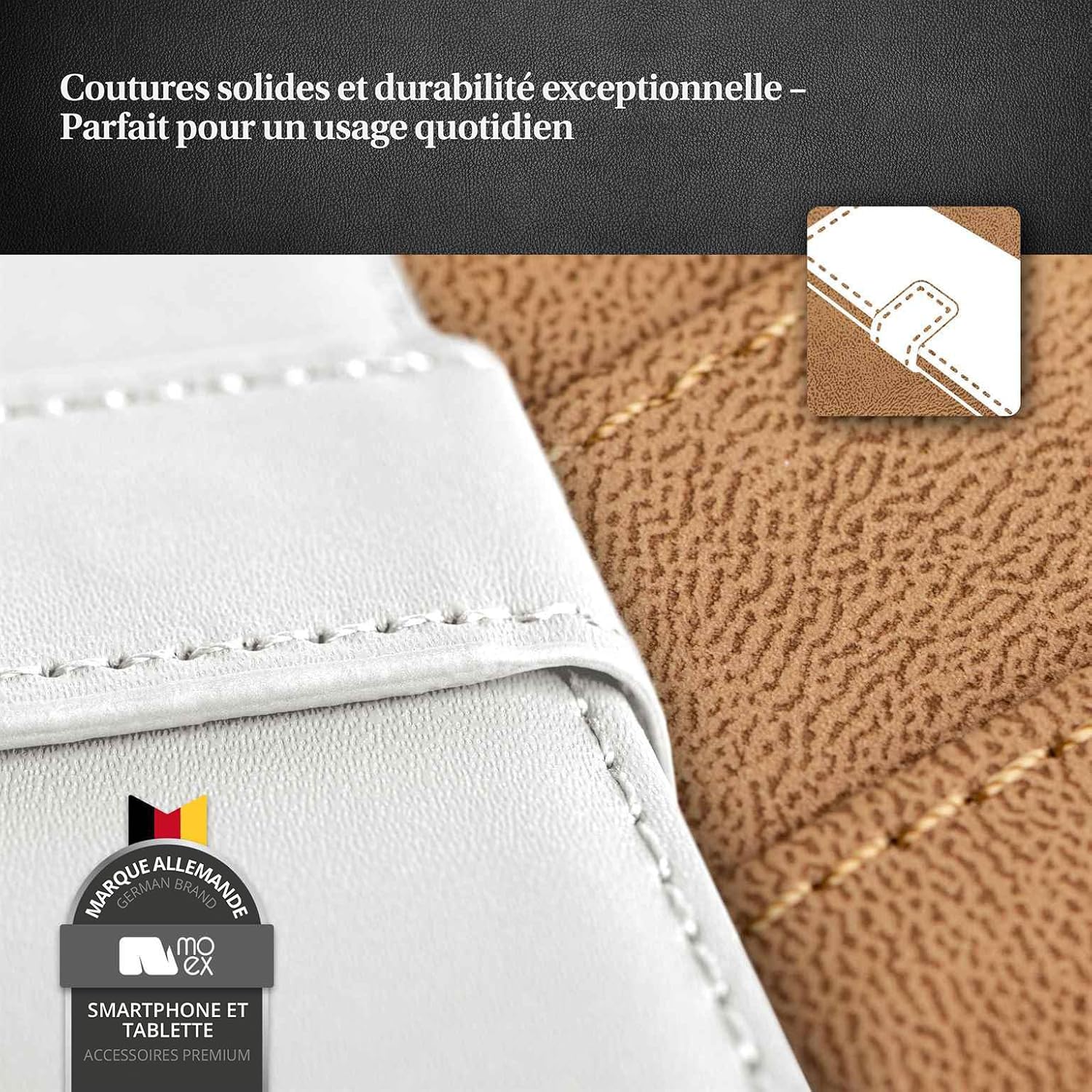 Detalle de moex Étui à Rabat 360° pour Samsung Galaxy A5 (2016) – Portefeuille en cuir végétalien, blanc perle