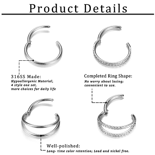 Detalle de Dochais 4er-Set Nasenpiercing Ringe aus Chirurgenstahl – 18G, Septum & Tragus