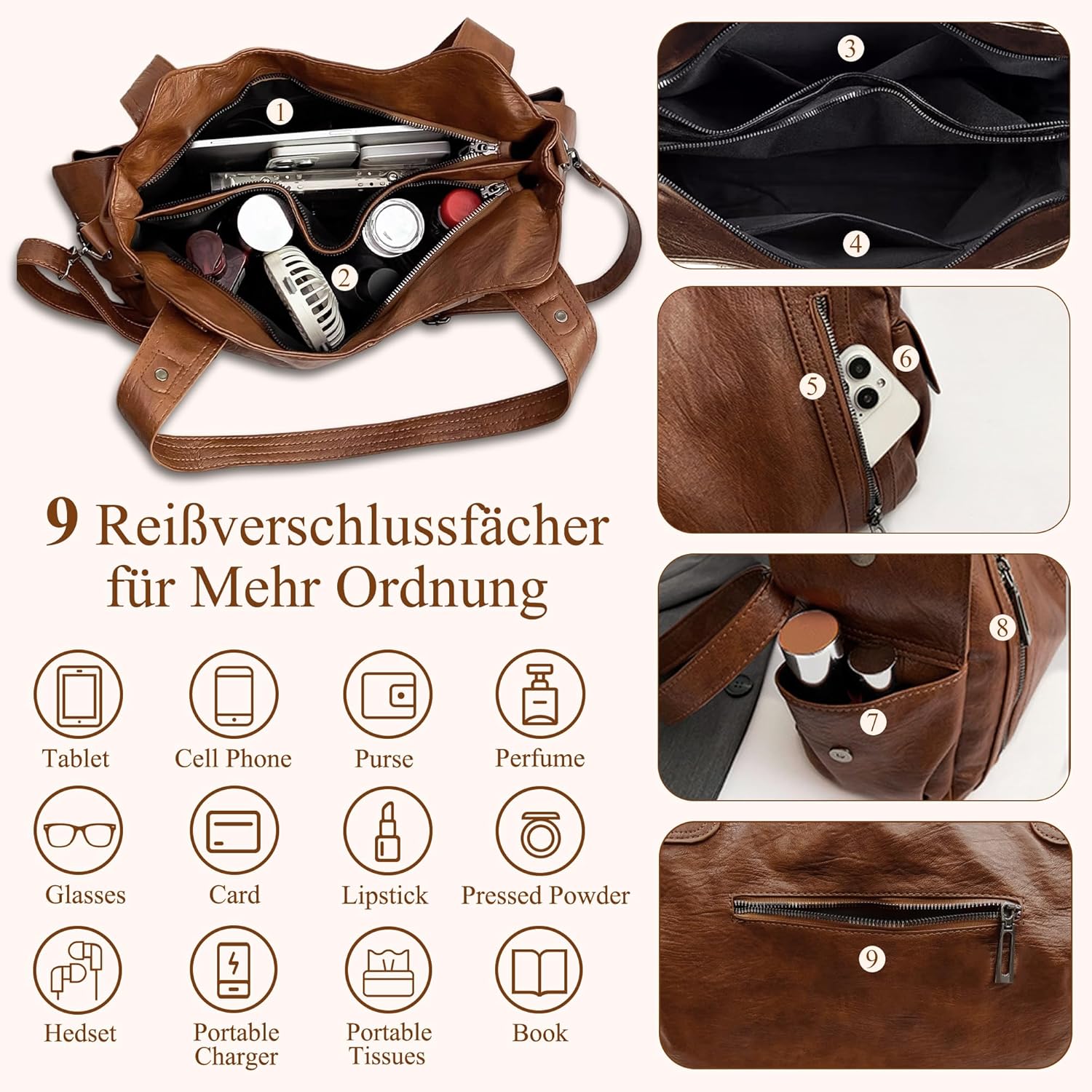 Detalle de VOESLD Damen Handtasche PU Leder Große Shopper – Vielseitige Hobo-/City-Tasche