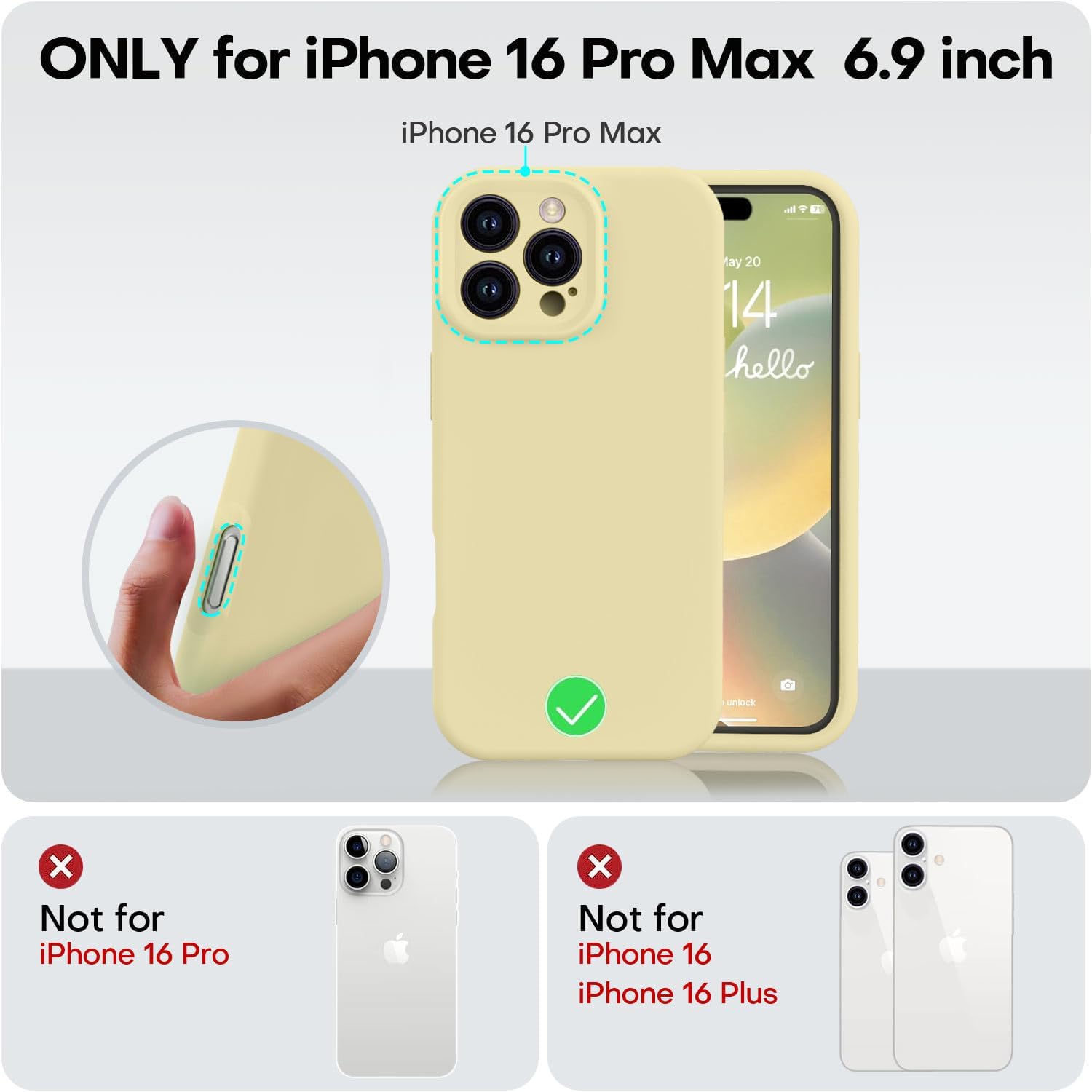 Detalle de Vooii Compatible iPhone 16 Pro Max Case (Liquid Silicone, Creamy Yellow) with Camera Protection