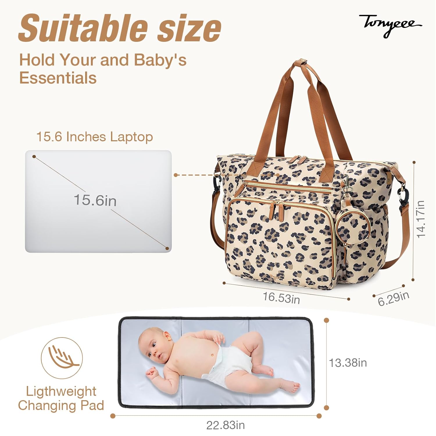Detalle de Tonyeee Wickeltasche mit Schnullertasche, Wickelunterlage und isolierten Fächern – multifunktionaler Wickelrucksack (Leopard)